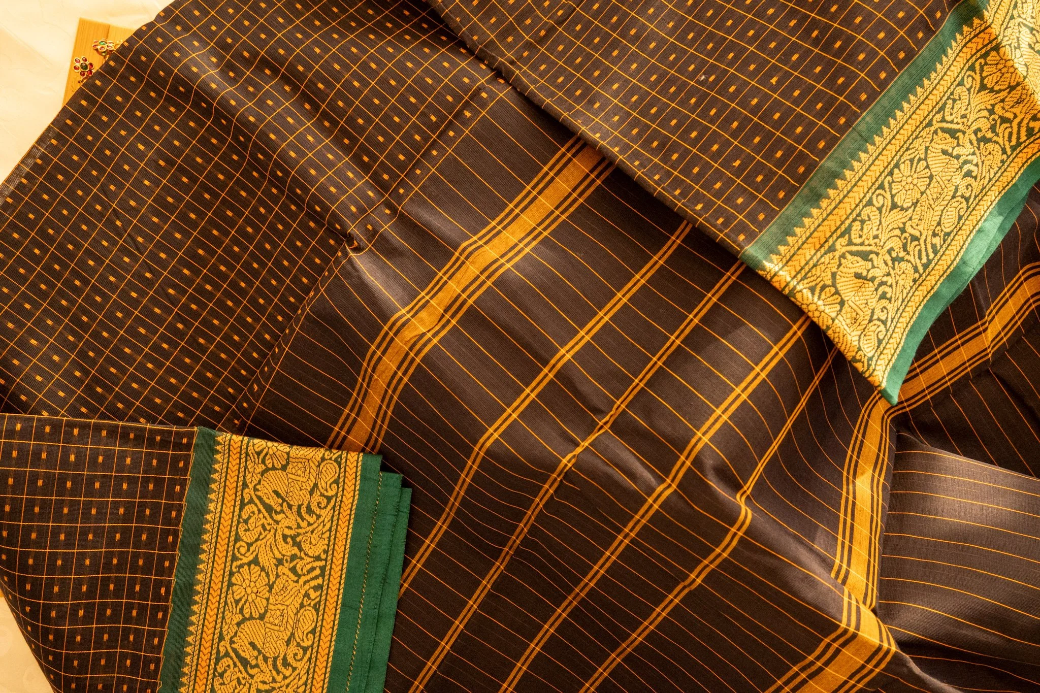 Aztec black with green border - Nadhi | The Saree Store