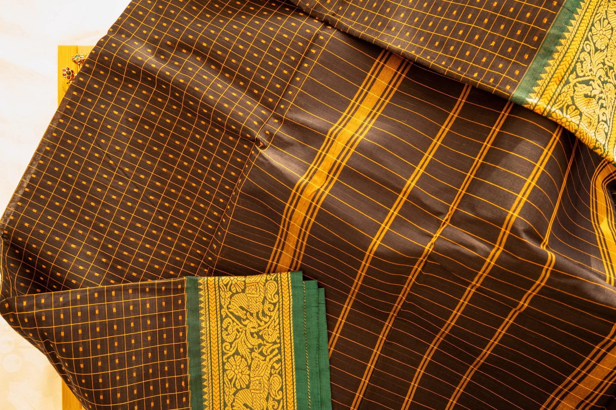 Aztec black with green border - Nadhi | The Saree Store