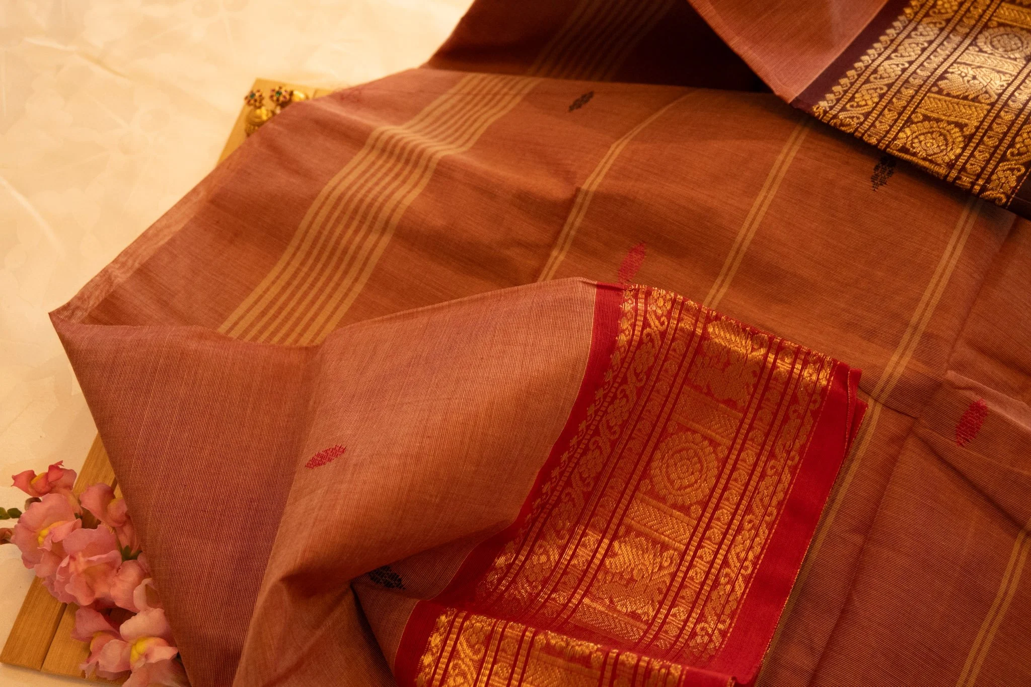 Rust brown with red border - Nadhi | The Saree Store