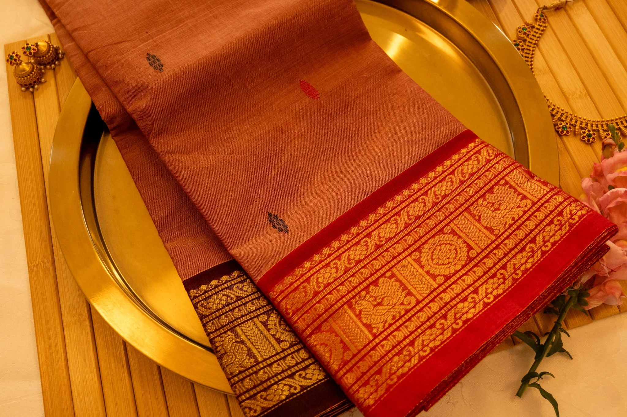 Rust brown with red border - Nadhi | The Saree Store