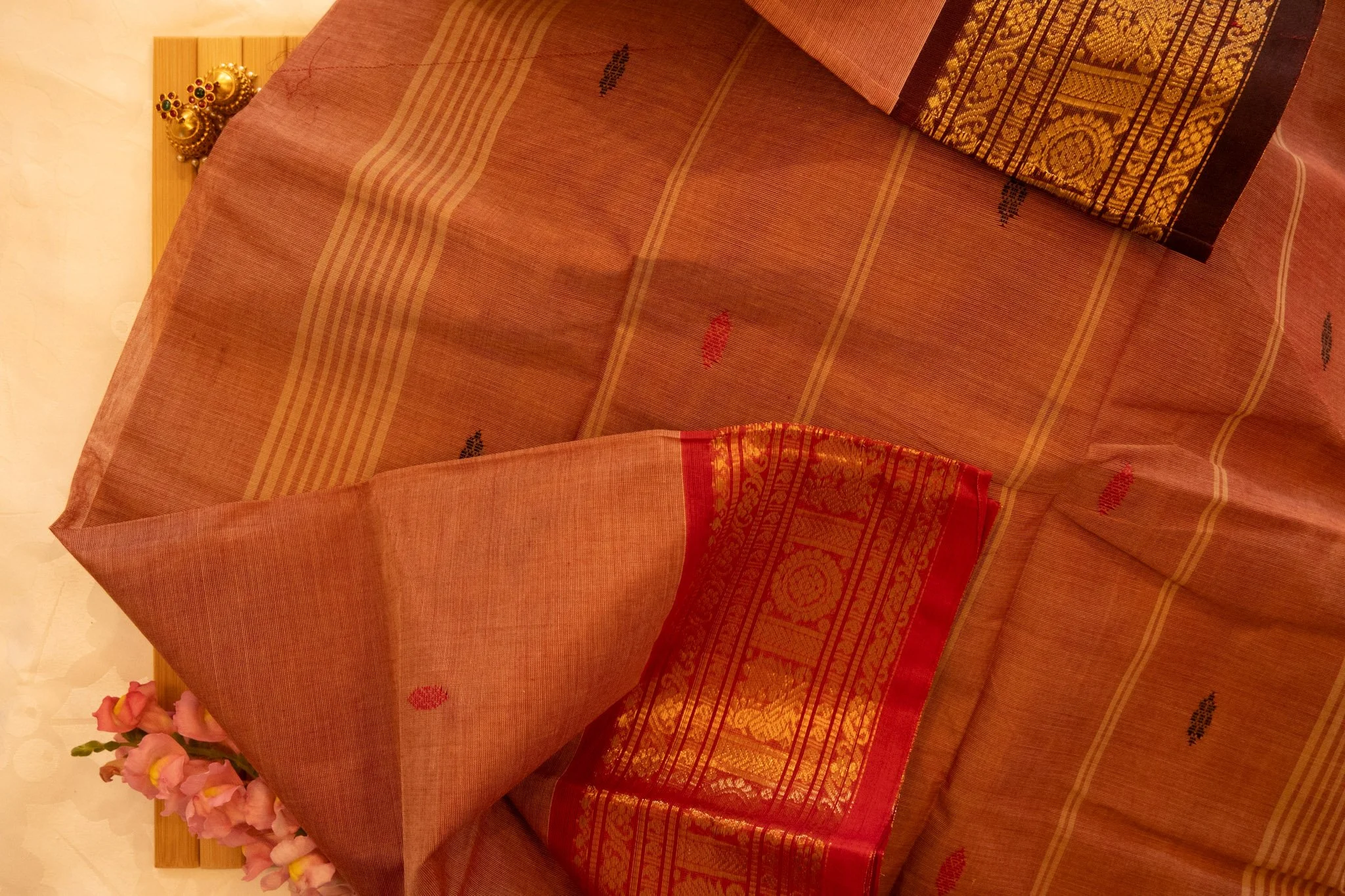 Rust brown with red border - Nadhi | The Saree Store