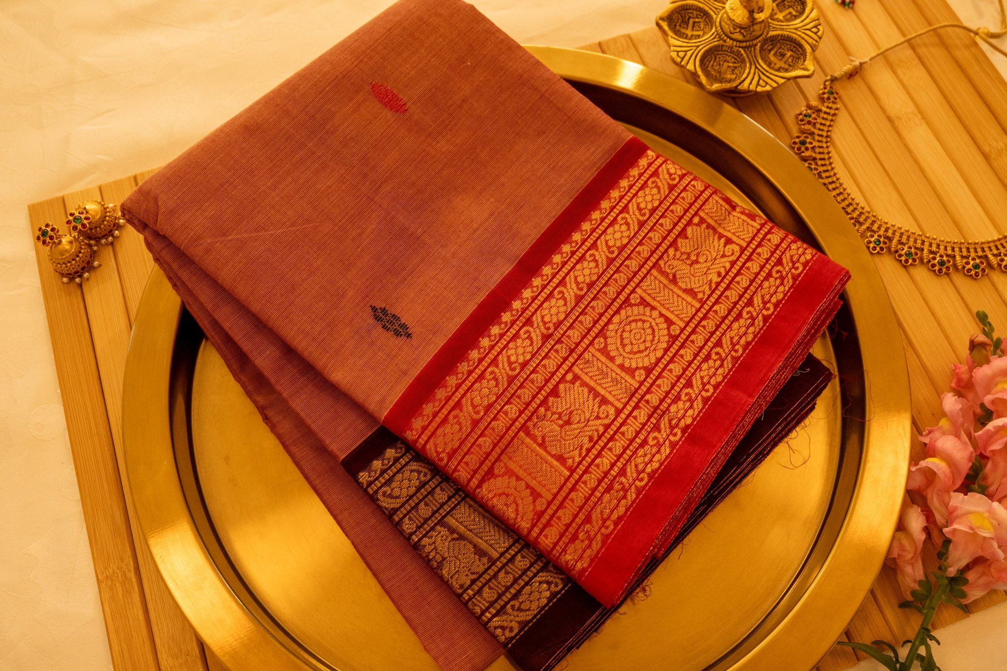 Rust brown with red border - Nadhi | The Saree Store