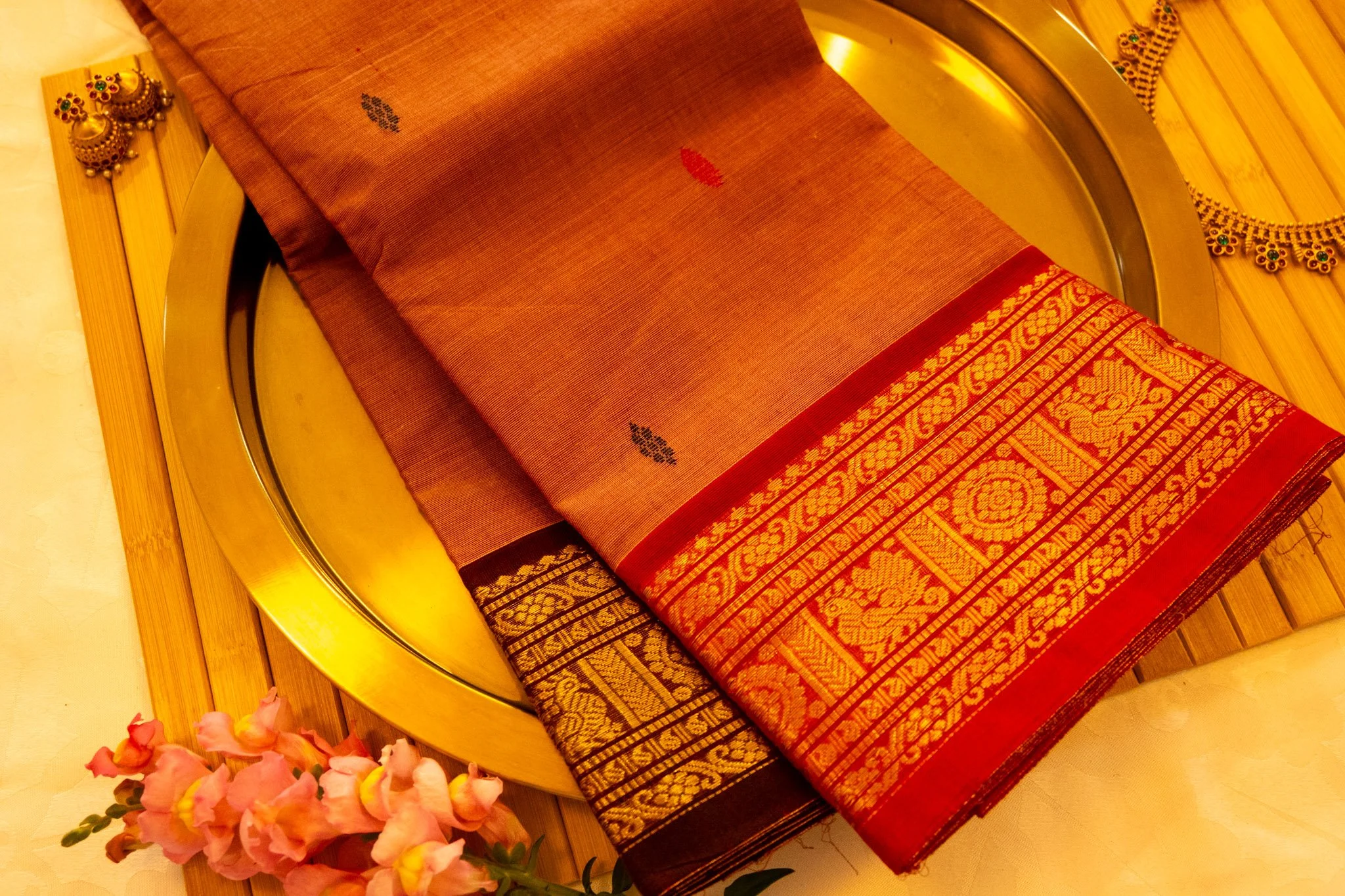 Rust brown with red border - Nadhi | The Saree Store