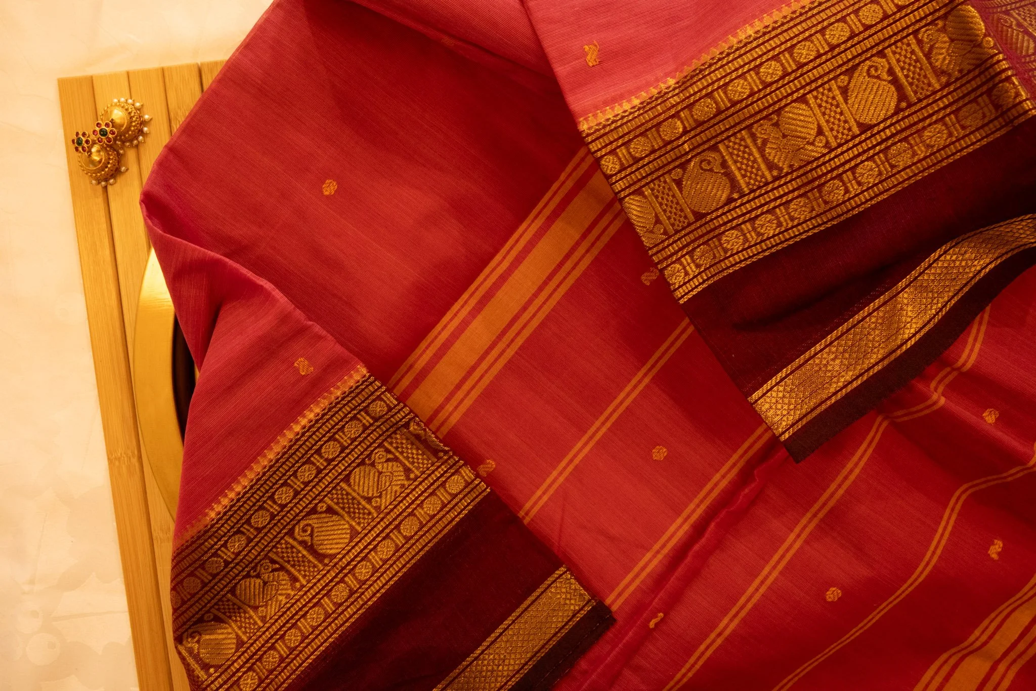 Venetian red with maroon border - Nadhi | The Saree Store