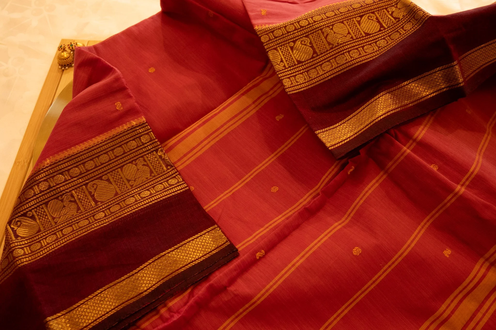 Venetian red with maroon border - Nadhi | The Saree Store