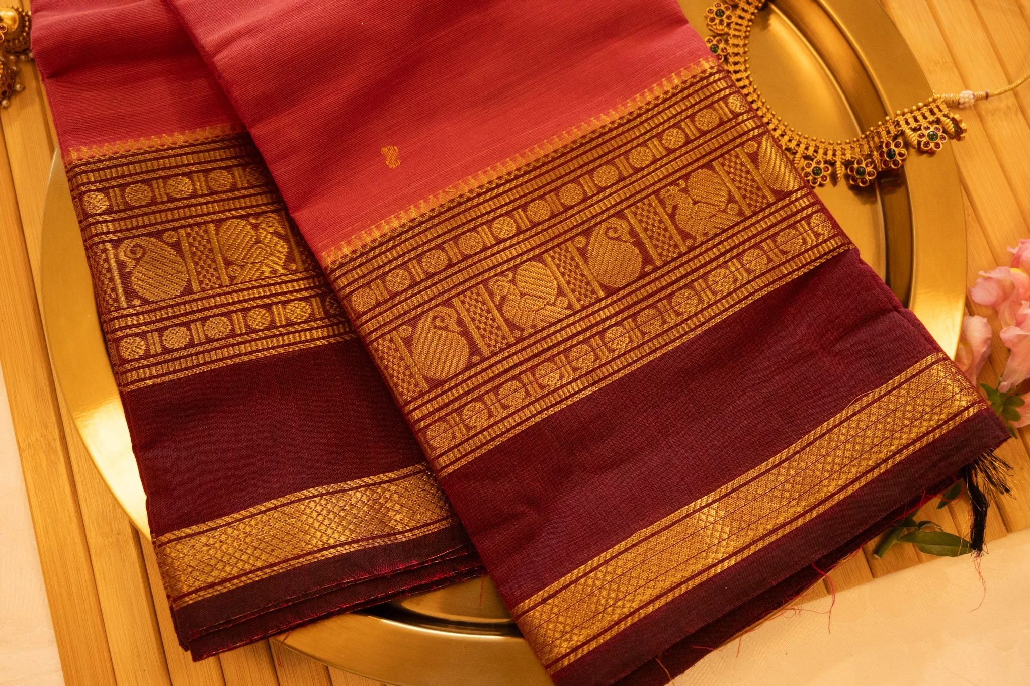 Venetian red with maroon border - Nadhi | The Saree Store