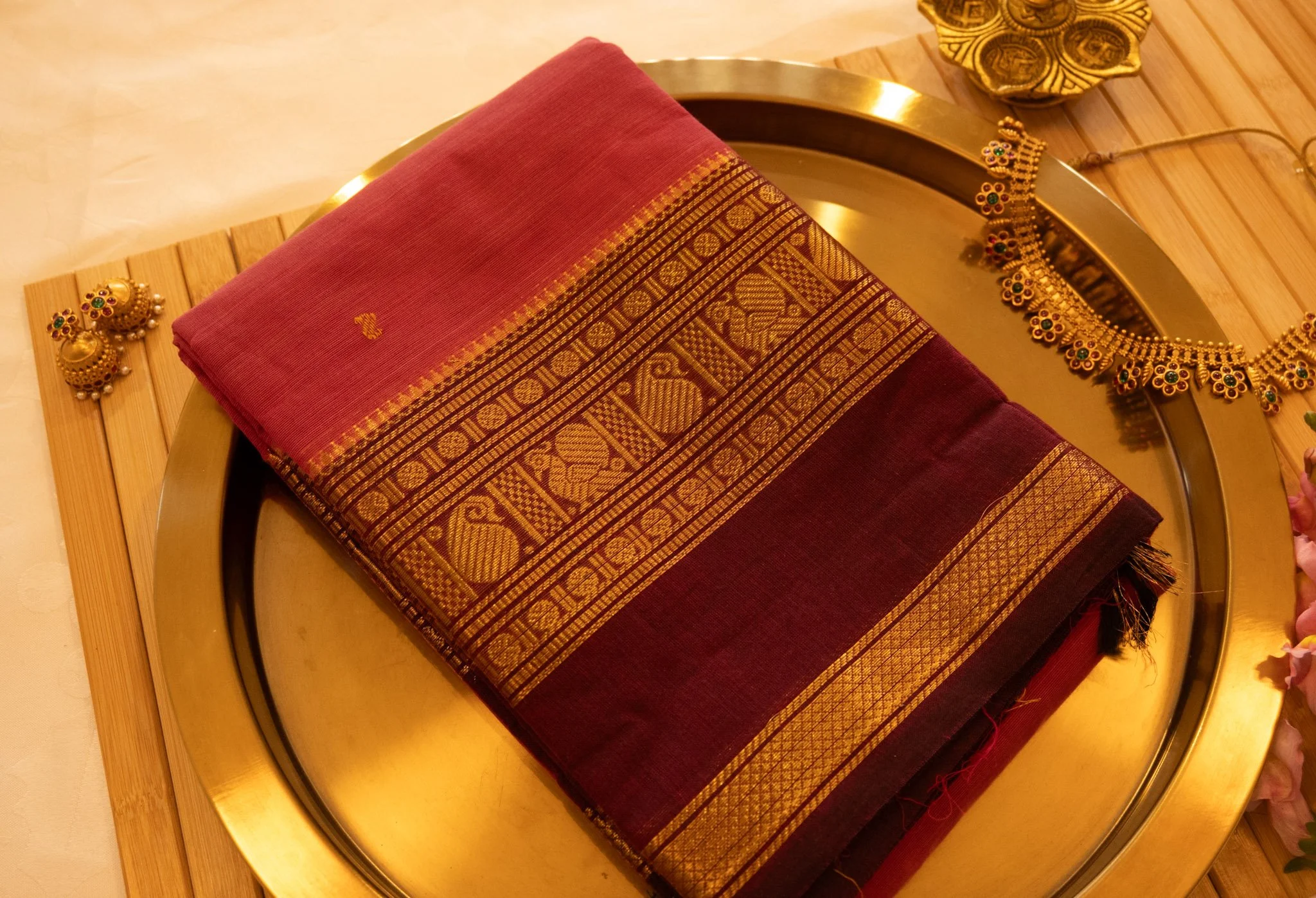 Venetian red with maroon border - Nadhi | The Saree Store