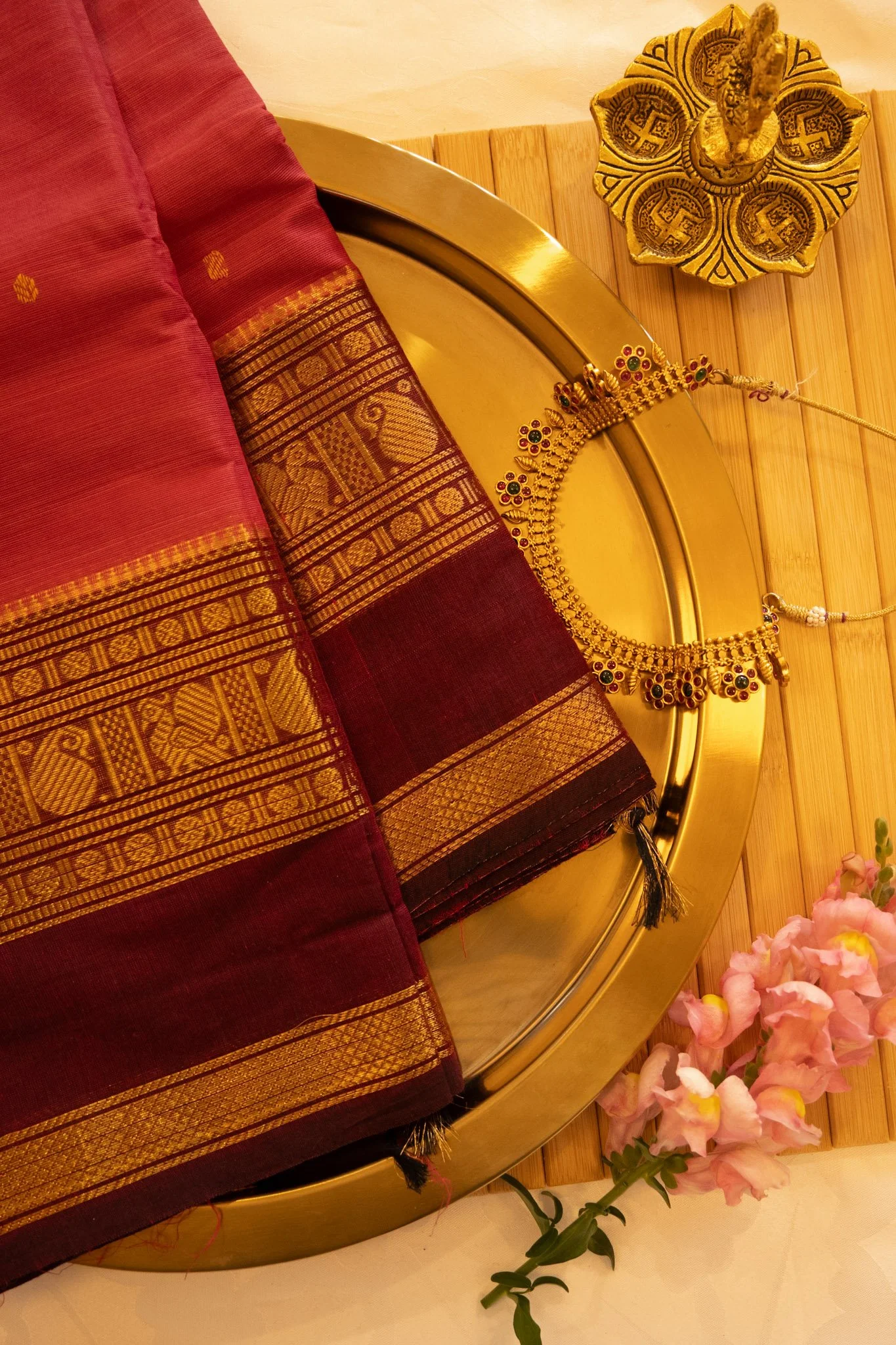 Venetian red with maroon border - Nadhi | The Saree Store