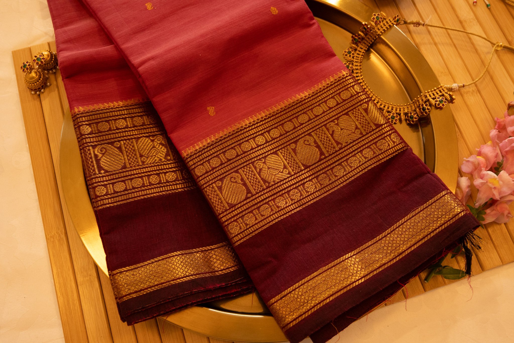 Venetian red with maroon border - Nadhi | The Saree Store