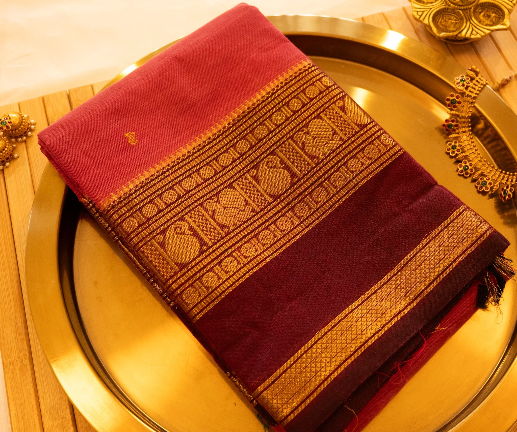 Venetian red with maroon border - Nadhi | The Saree Store