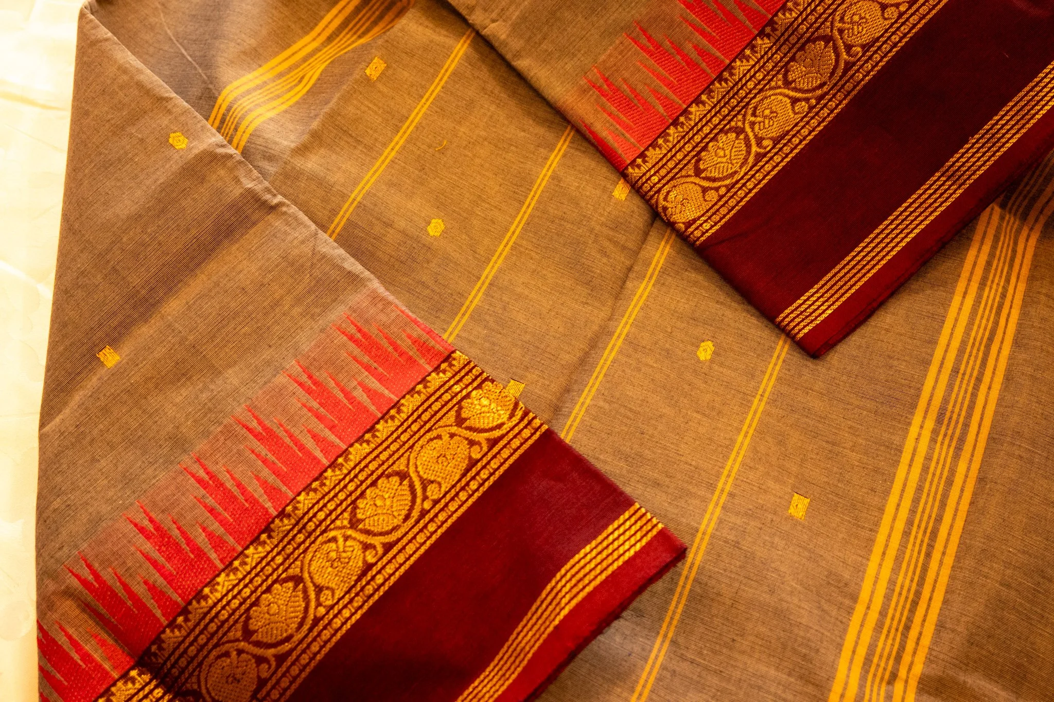 Taupe with maroon border - Nadhi | The Saree Store
