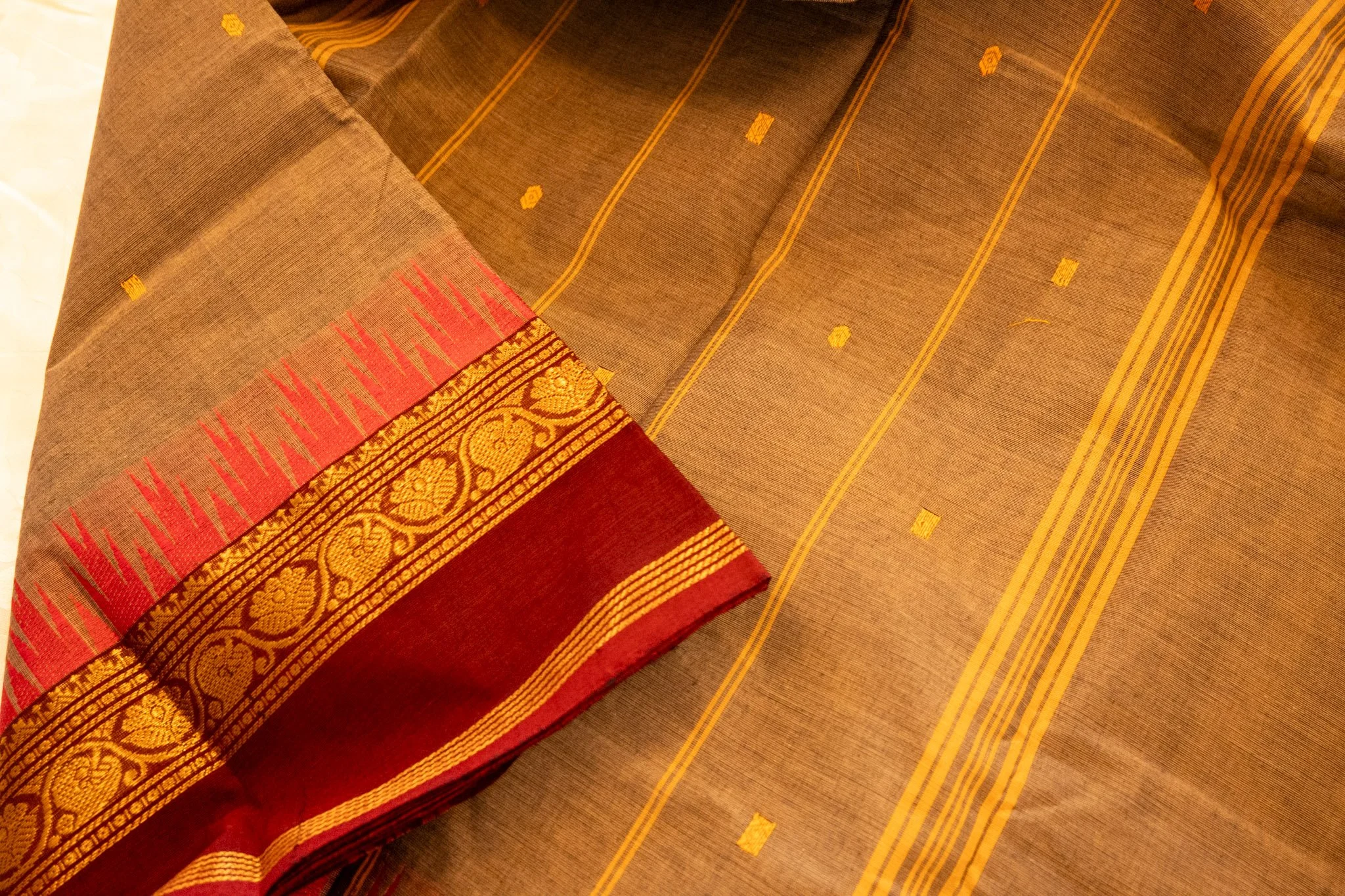 Taupe with maroon border - Nadhi | The Saree Store