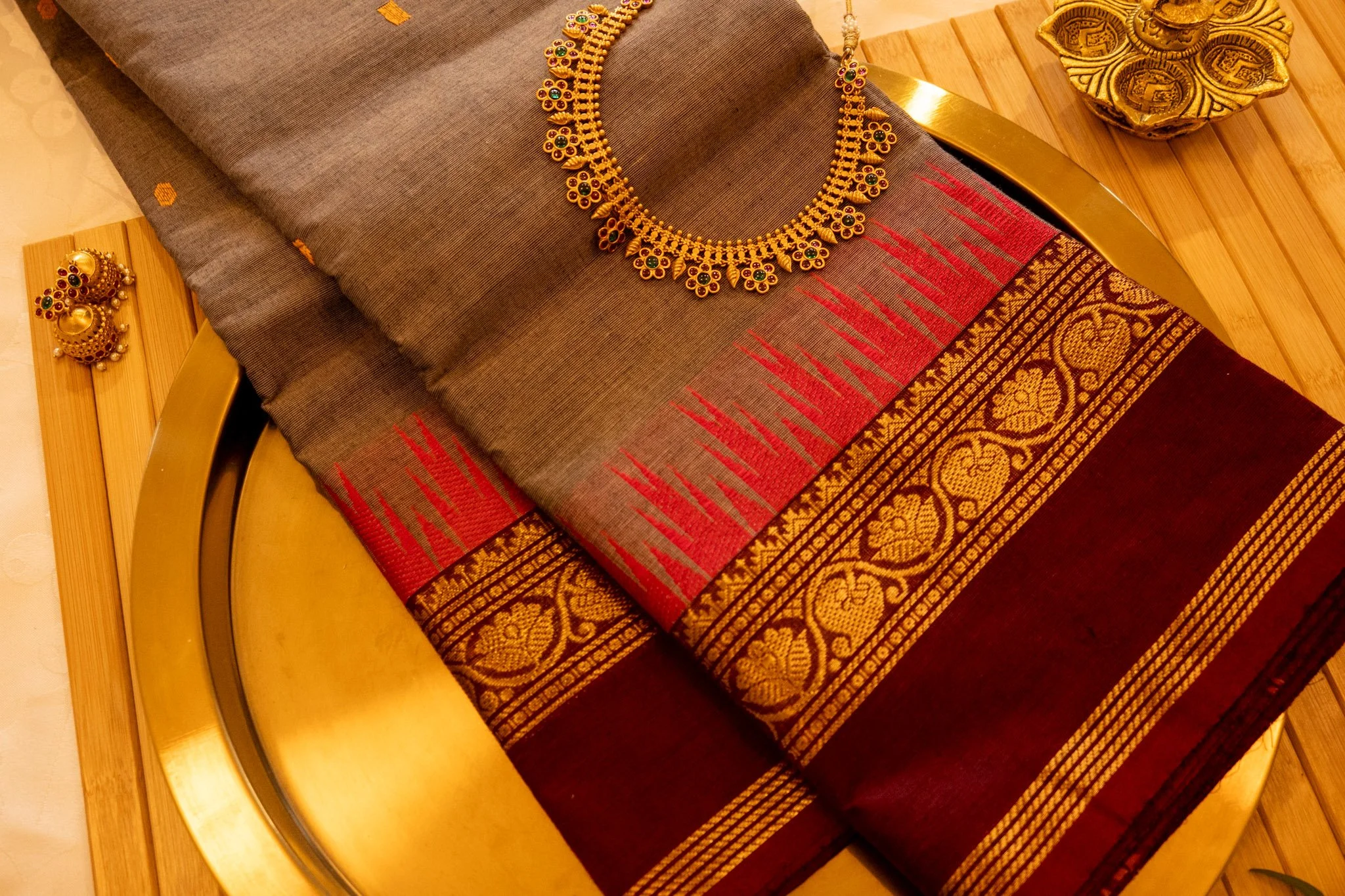 Taupe with maroon border - Nadhi | The Saree Store