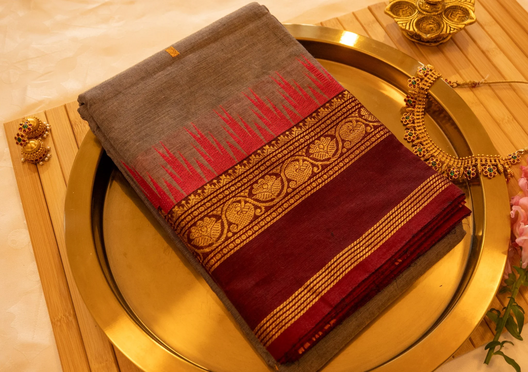 Taupe with maroon border - Nadhi | The Saree Store