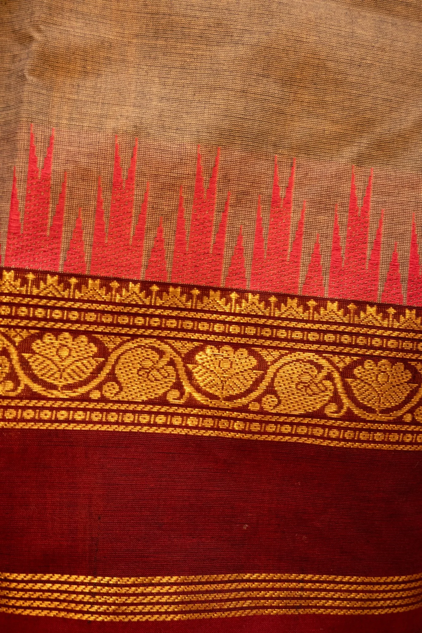Taupe with maroon border - Nadhi | The Saree Store