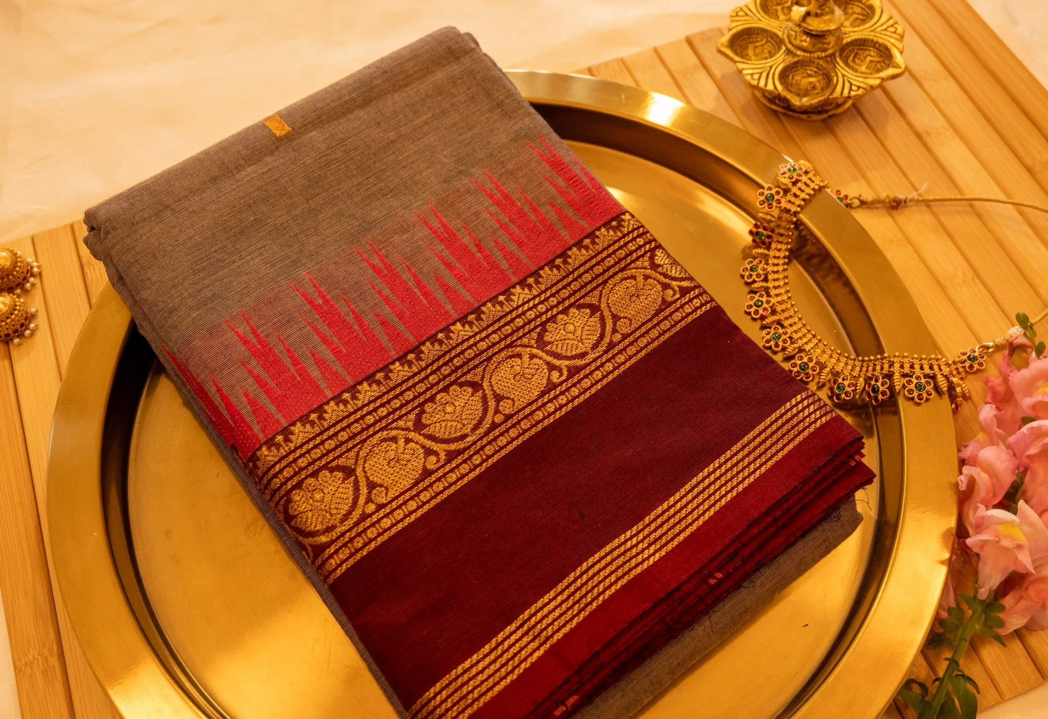 Taupe with maroon border - Nadhi | The Saree Store