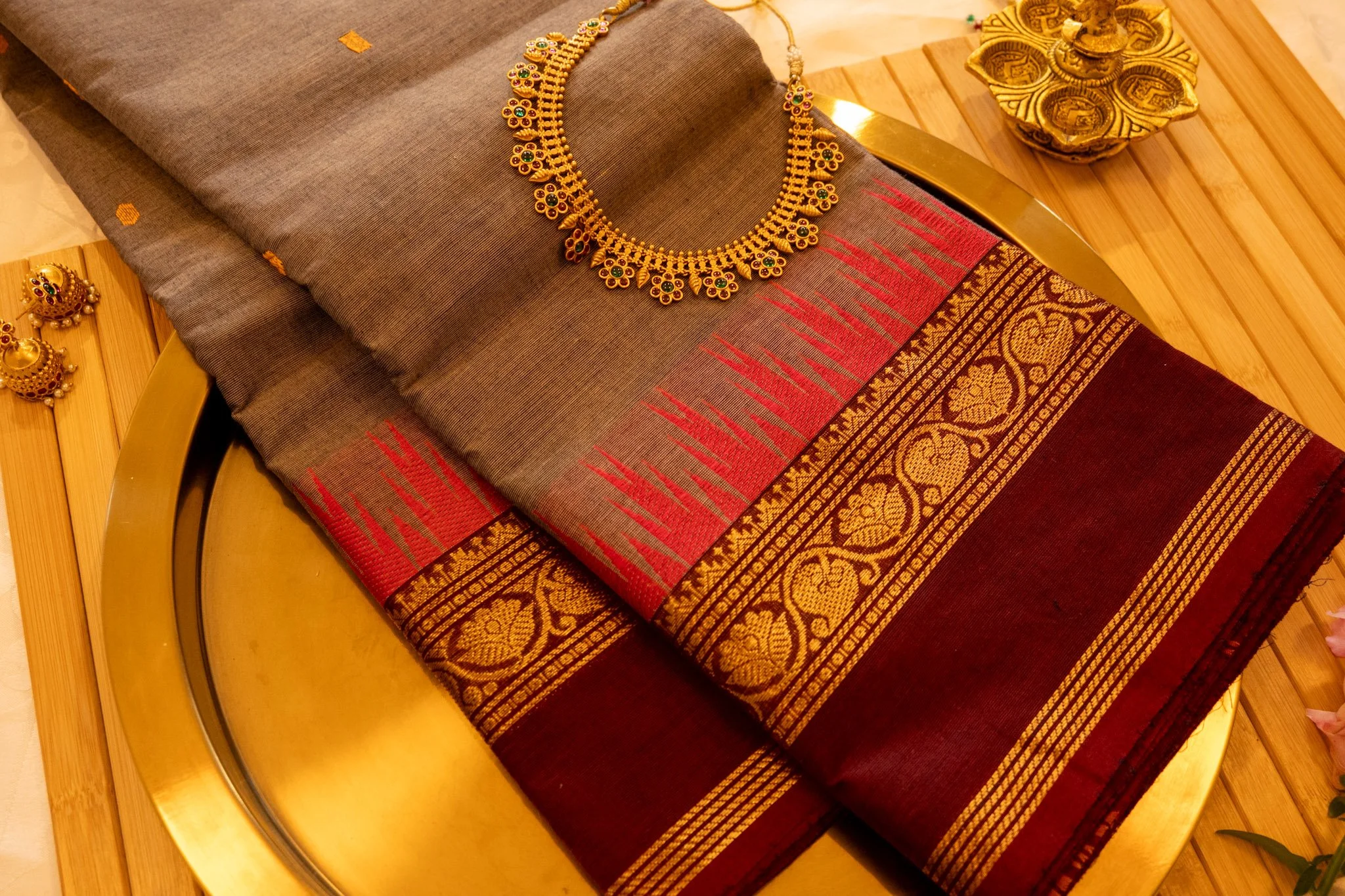 Taupe with maroon border - Nadhi | The Saree Store