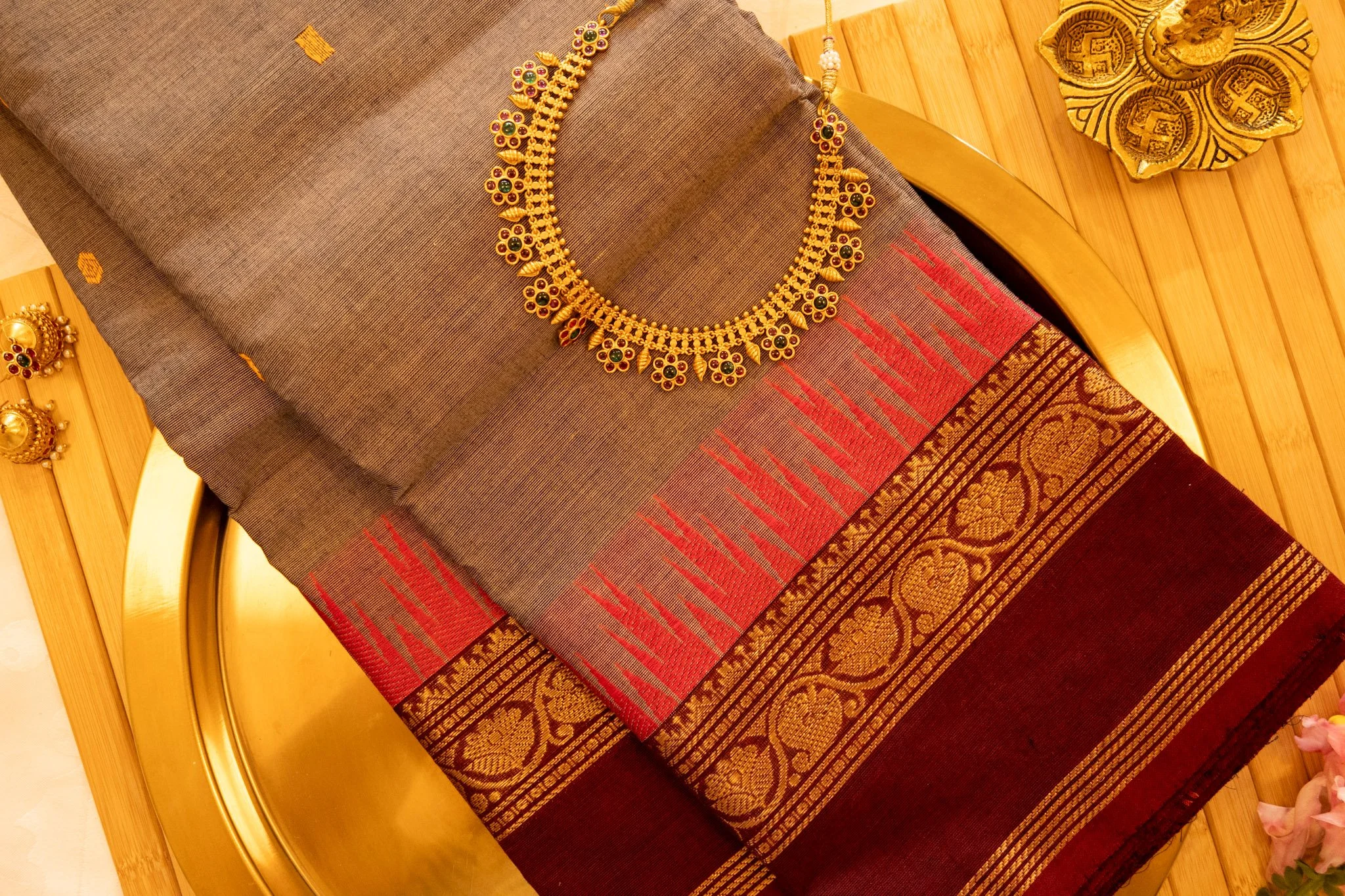 Taupe with maroon border - Nadhi | The Saree Store