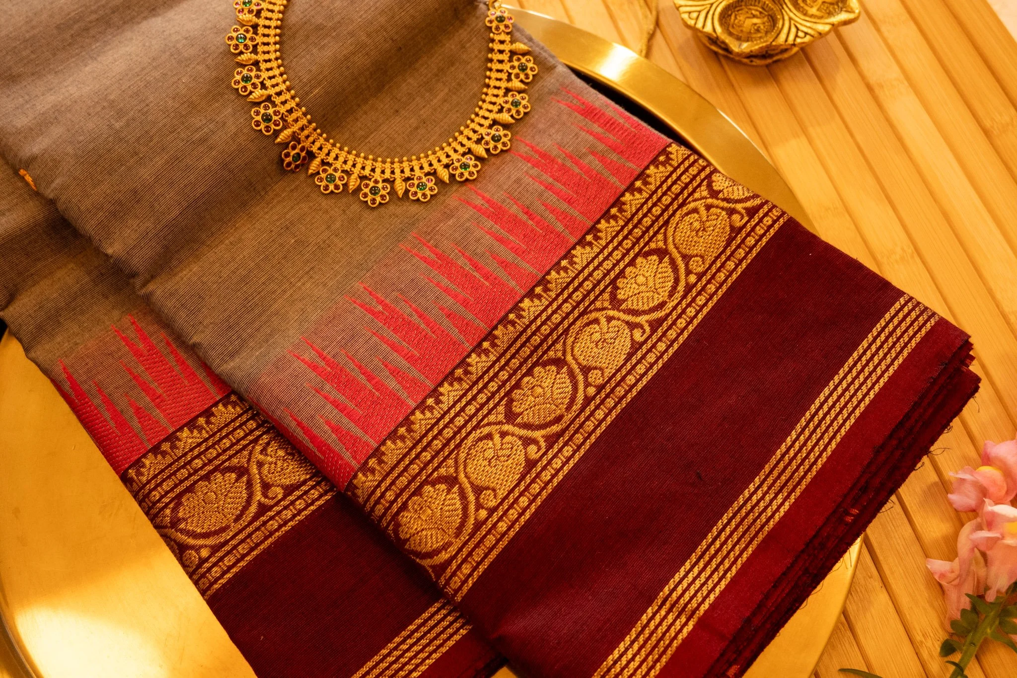 Taupe with maroon border - Nadhi | The Saree Store