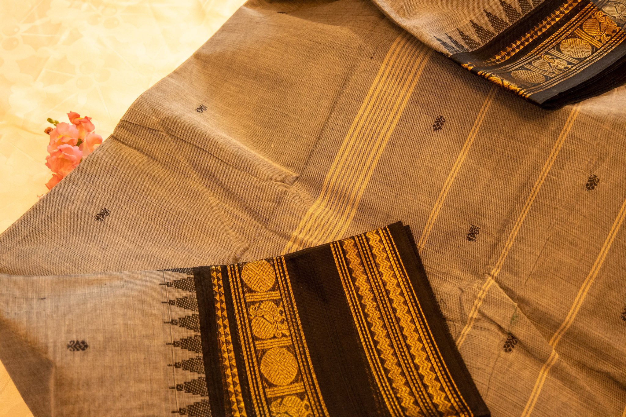 Sand beige with black border - Nadhi | The Saree Store