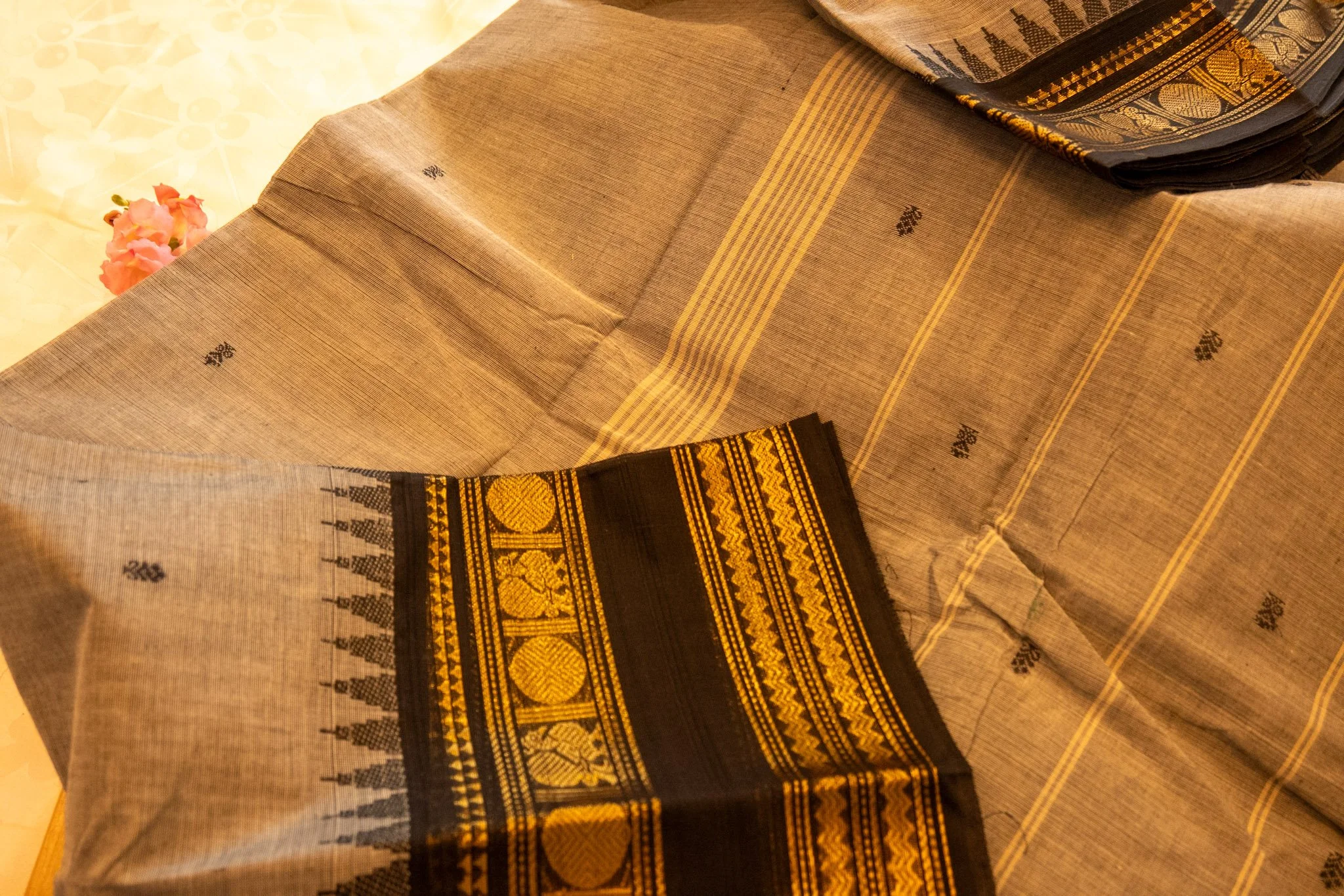 Sand beige with black border - Nadhi | The Saree Store