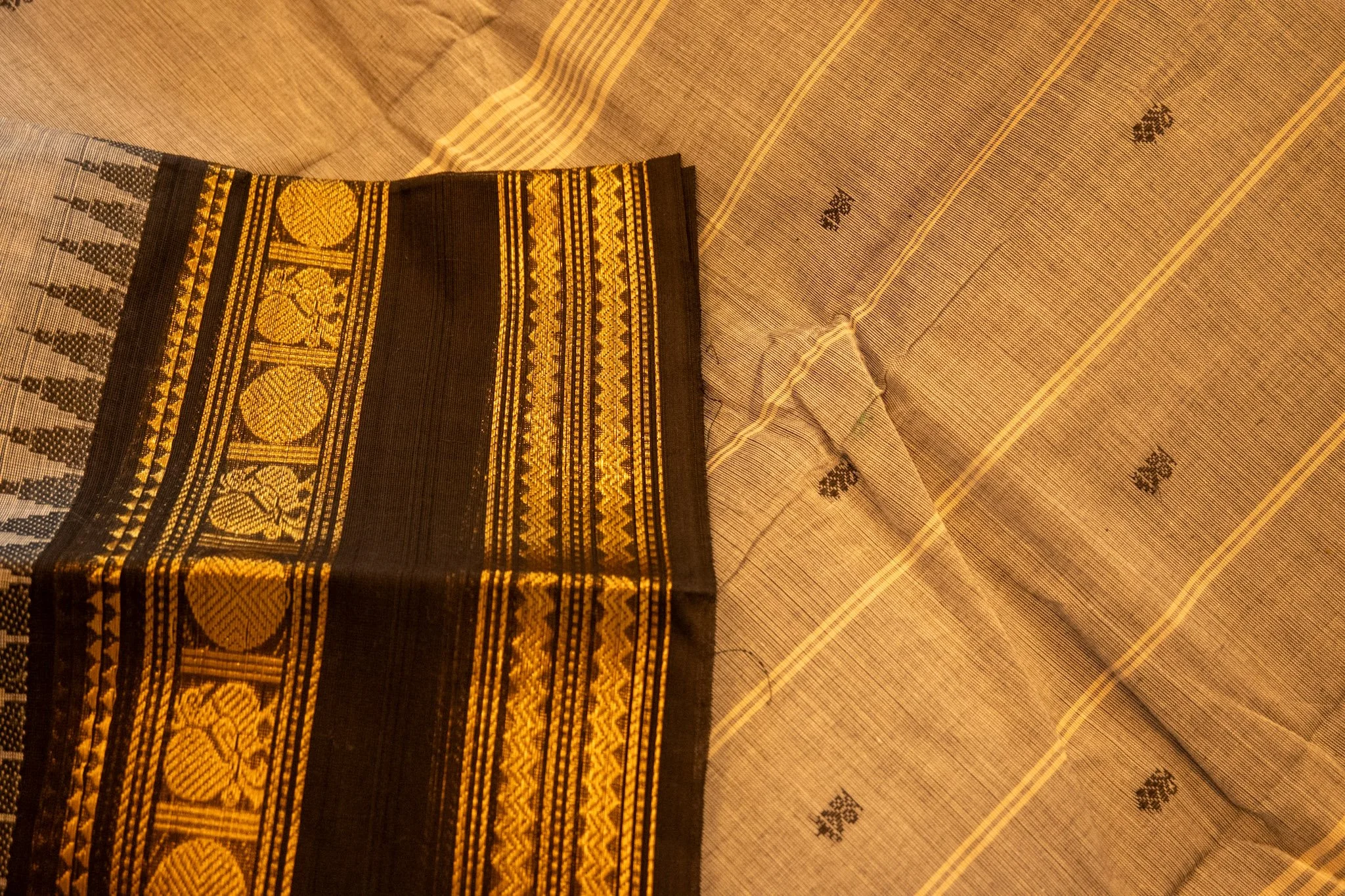Sand beige with black border - Nadhi | The Saree Store