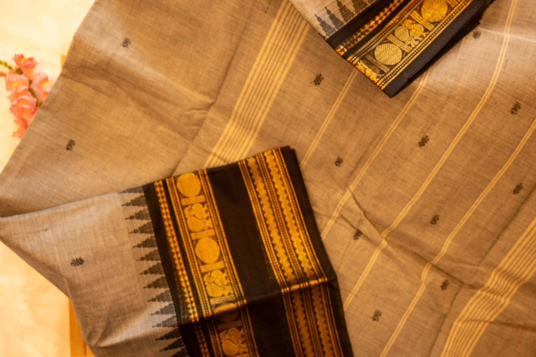 Sand beige with black border - Nadhi | The Saree Store