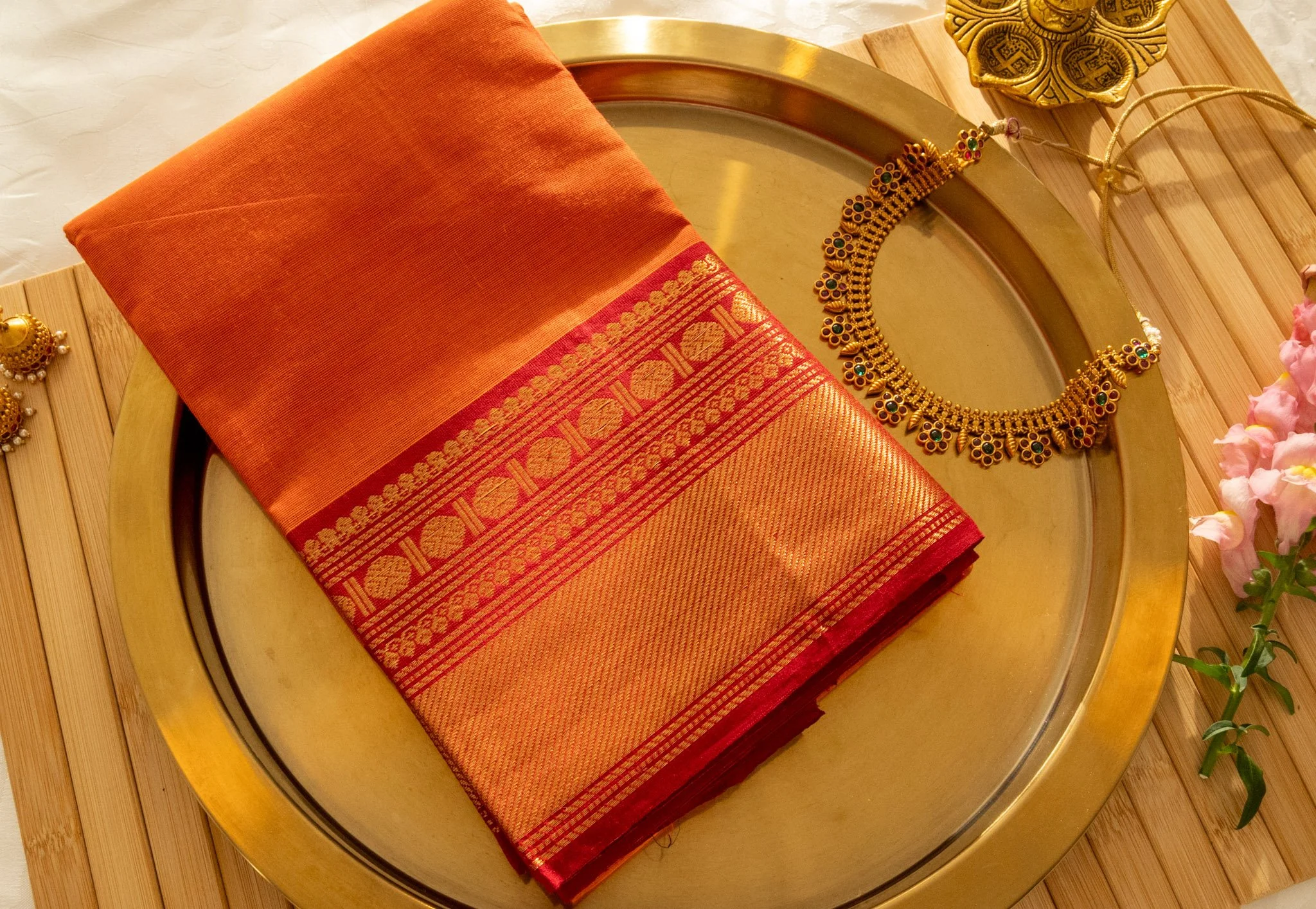 Tangerine orange with red border - Nadhi | The Saree Store