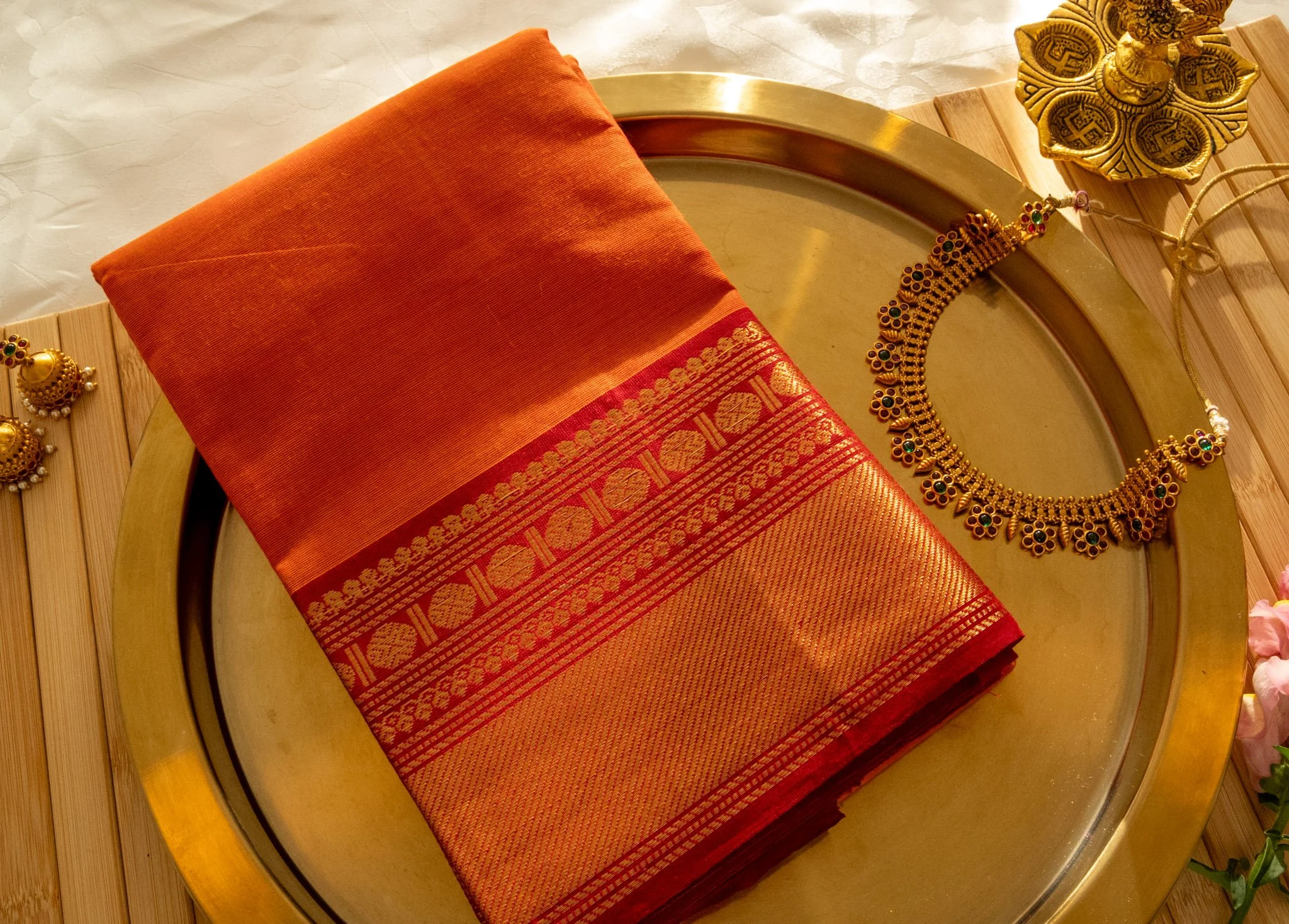 Tangerine orange with red border - Nadhi | The Saree Store