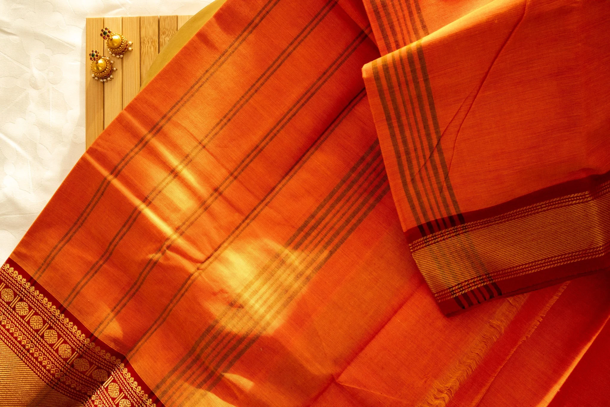 Tangerine orange with red border - Nadhi | The Saree Store