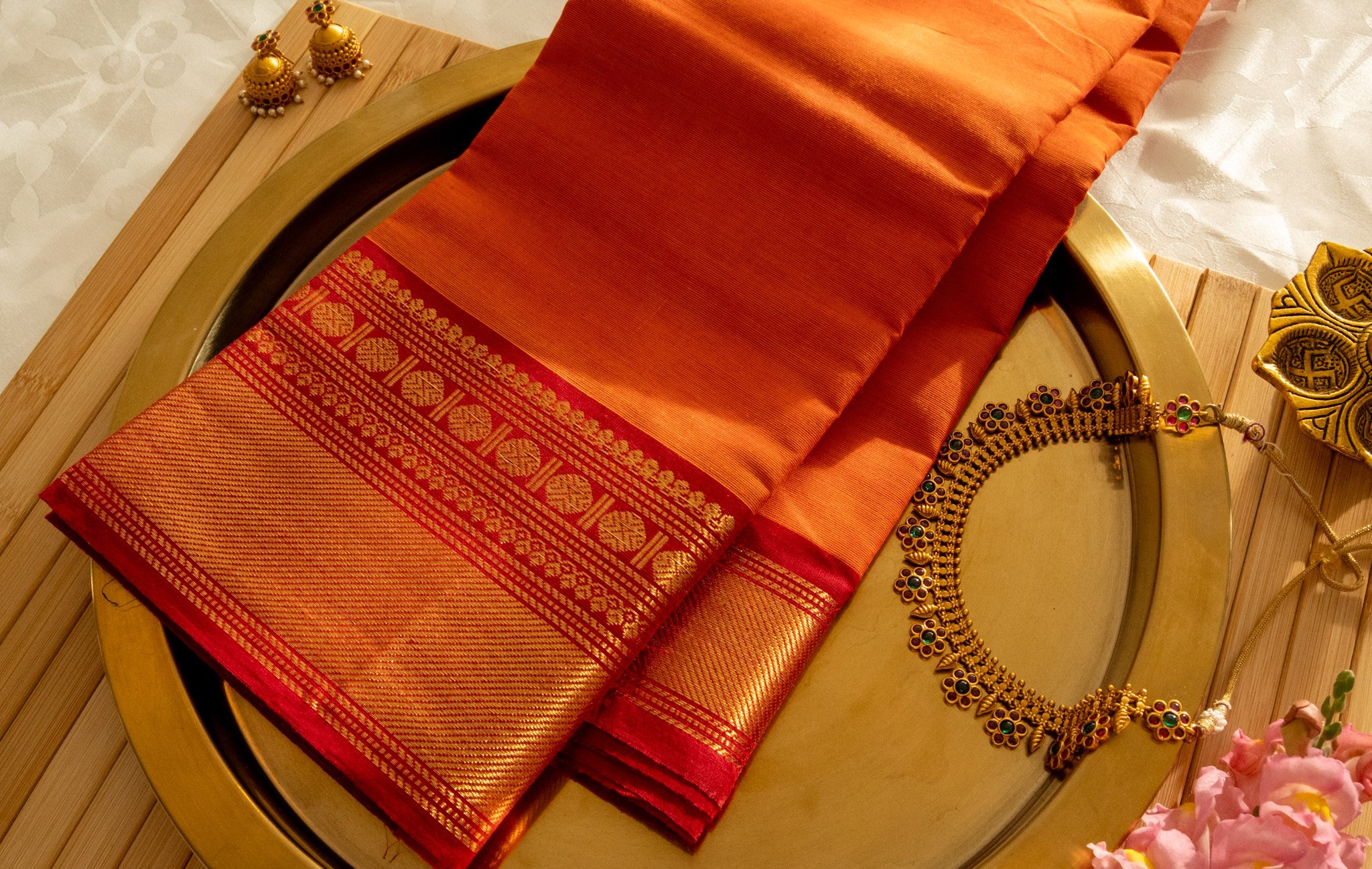 Tangerine orange with red border - Nadhi | The Saree Store