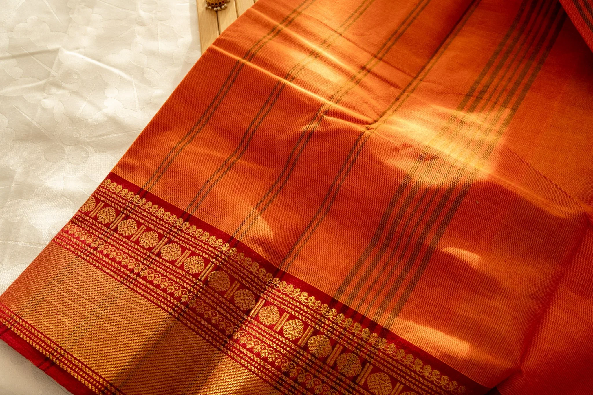 Tangerine orange with red border - Nadhi | The Saree Store