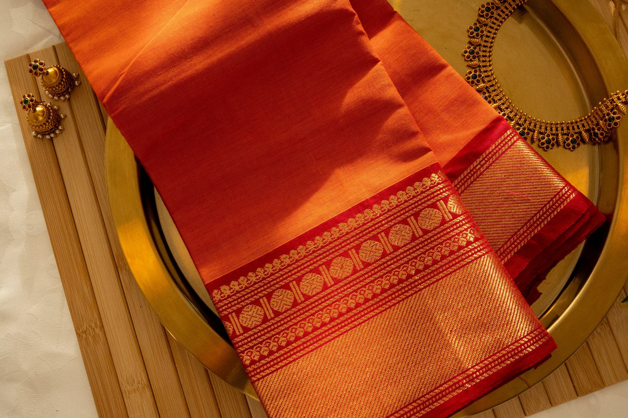 Tangerine orange with red border - Nadhi | The Saree Store