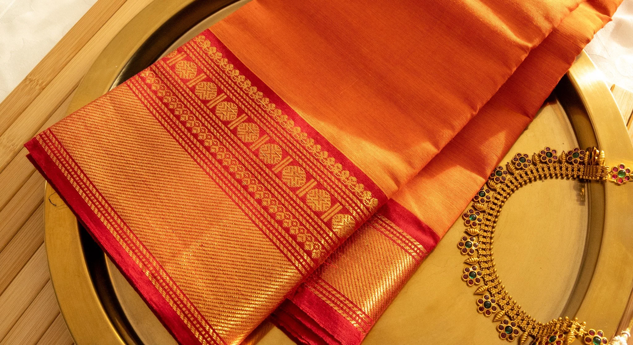 Tangerine orange with red border - Nadhi | The Saree Store