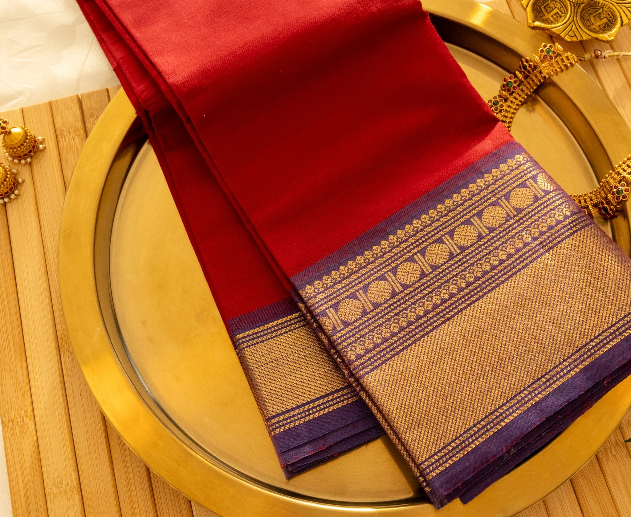 Mexican red with purple border - Nadhi | The Saree Store