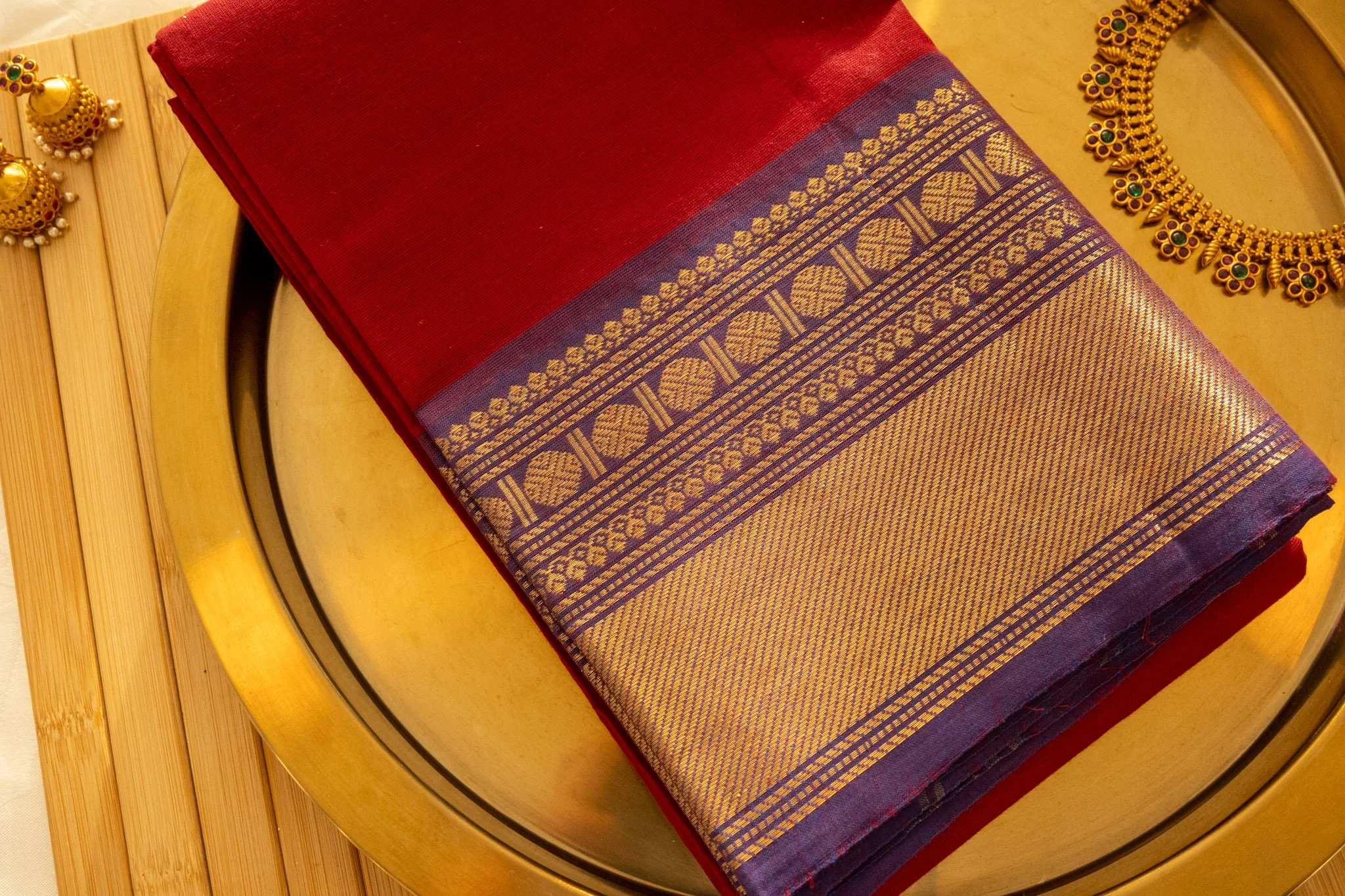 Mexican red with purple border - Nadhi | The Saree Store