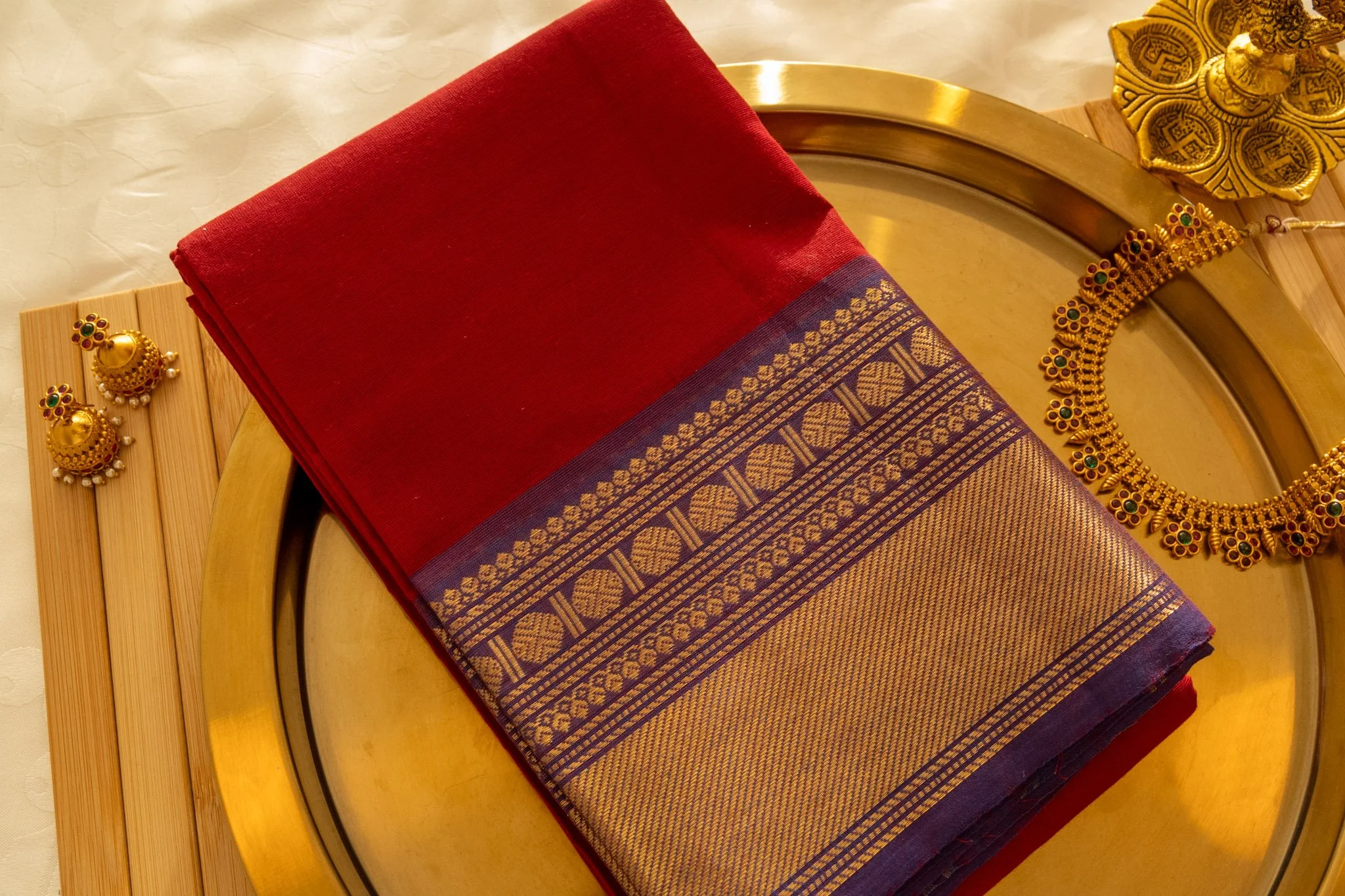 Mexican red with purple border - Nadhi | The Saree Store
