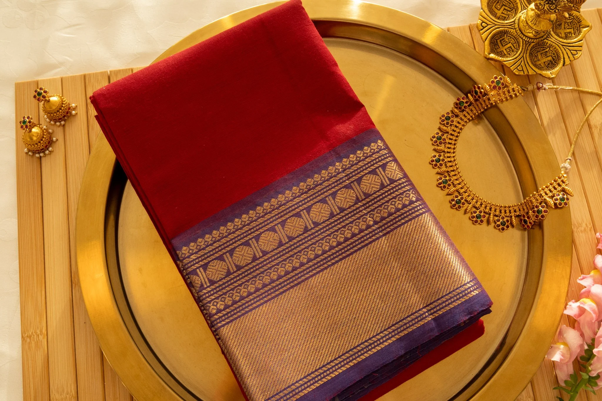 Mexican red with purple border - Nadhi | The Saree Store