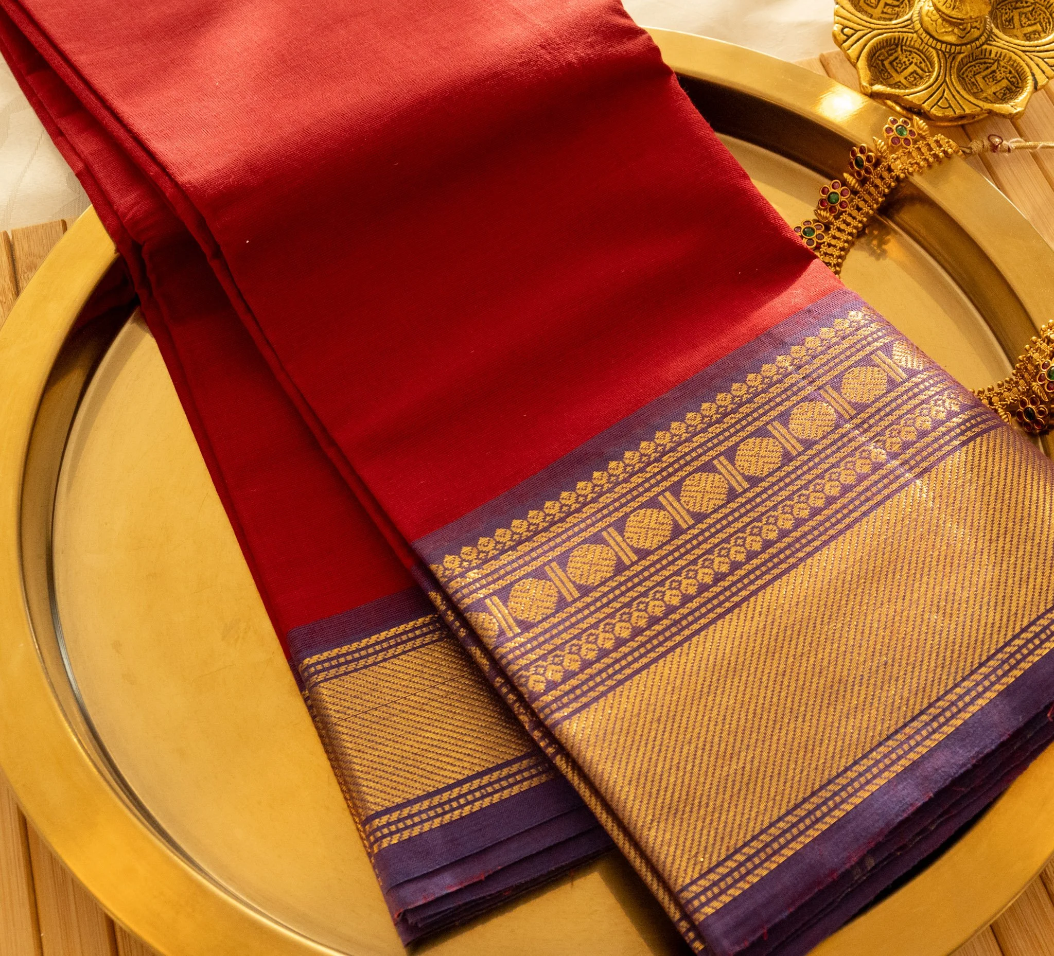 Mexican red with purple border - Nadhi | The Saree Store