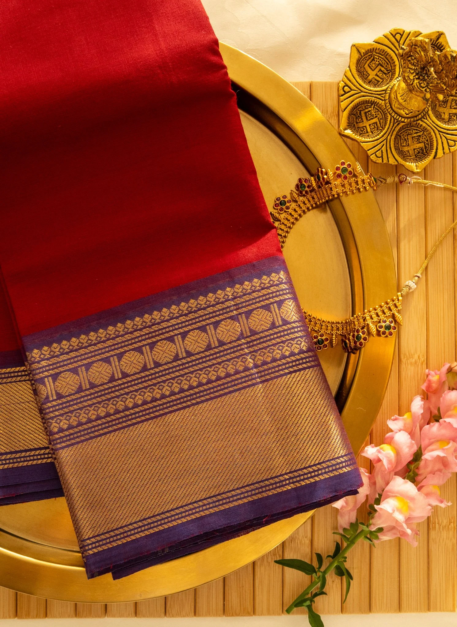 Mexican red with purple border - Nadhi | The Saree Store
