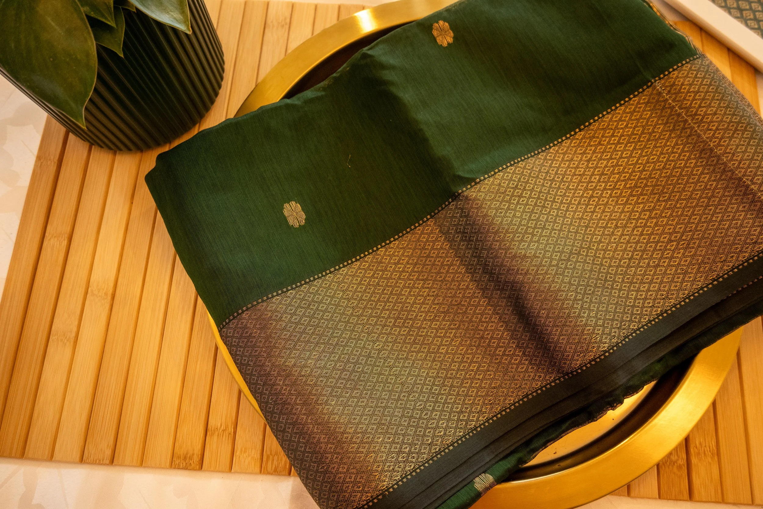 Woodland Green in Maheshwari weave - Nadhi | The Saree Store