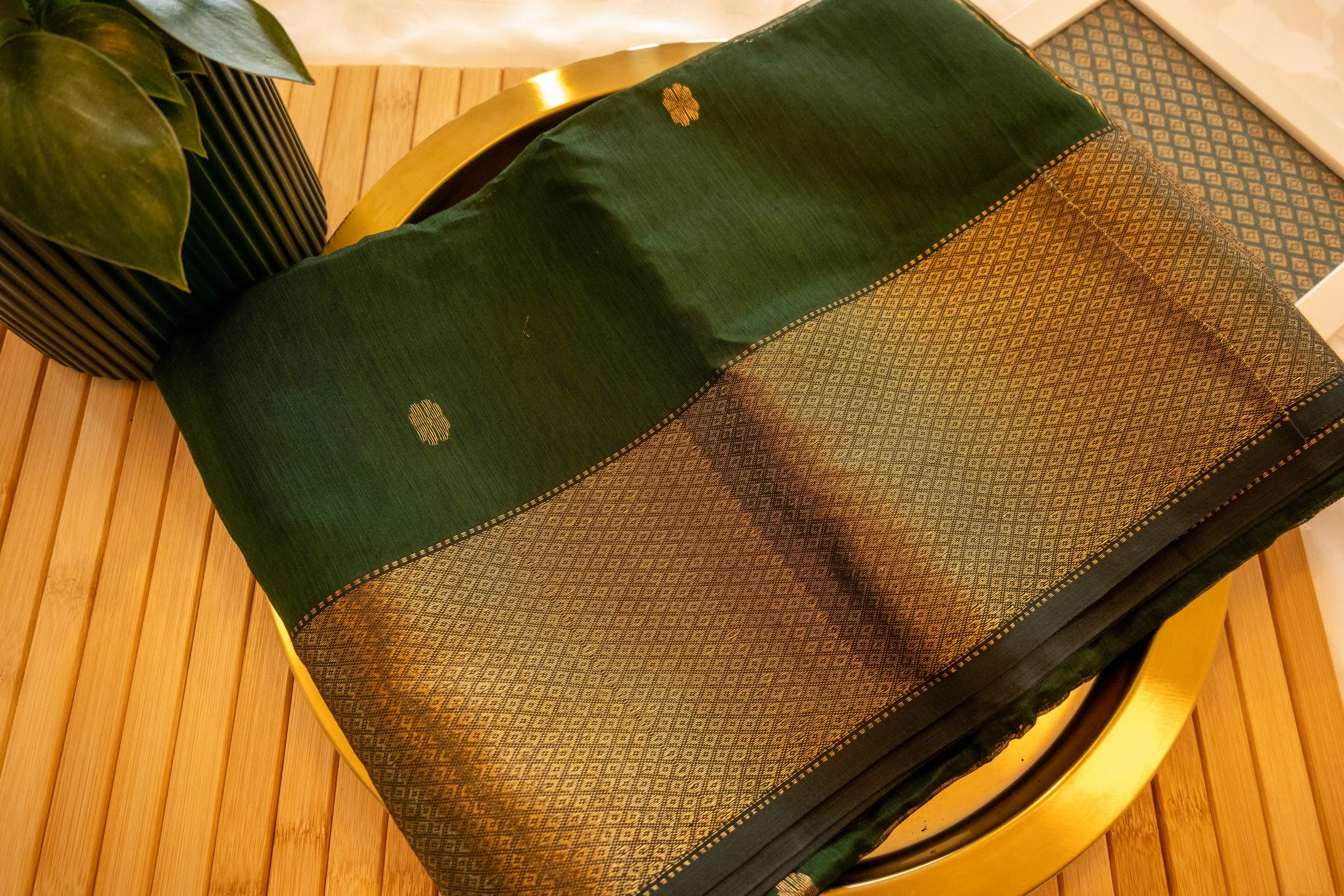 Woodland Green in Maheshwari weave - Nadhi | The Saree Store