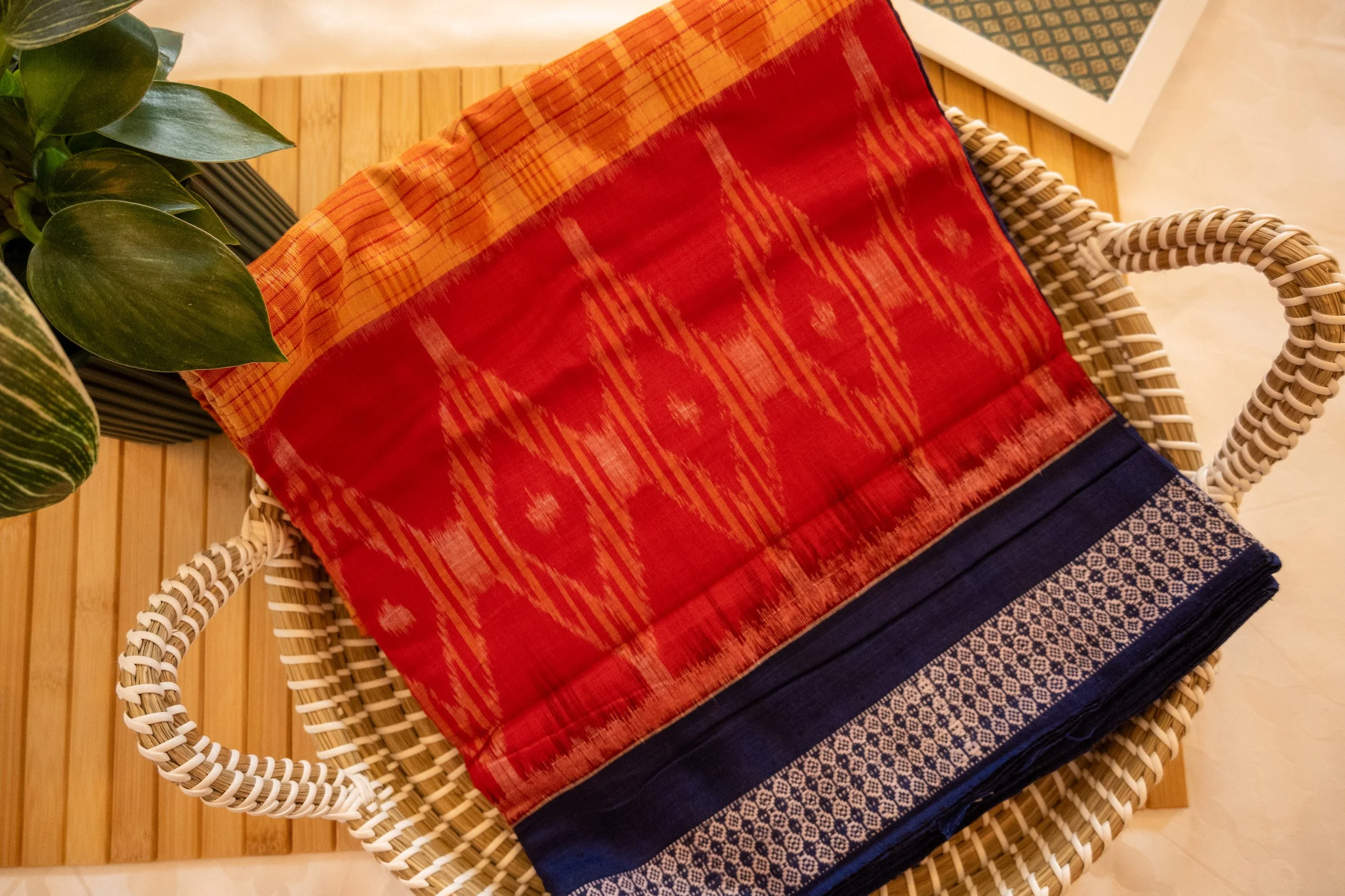 Spanish crimson with blue border Sambalpuri weave - Nadhi | The Saree Store