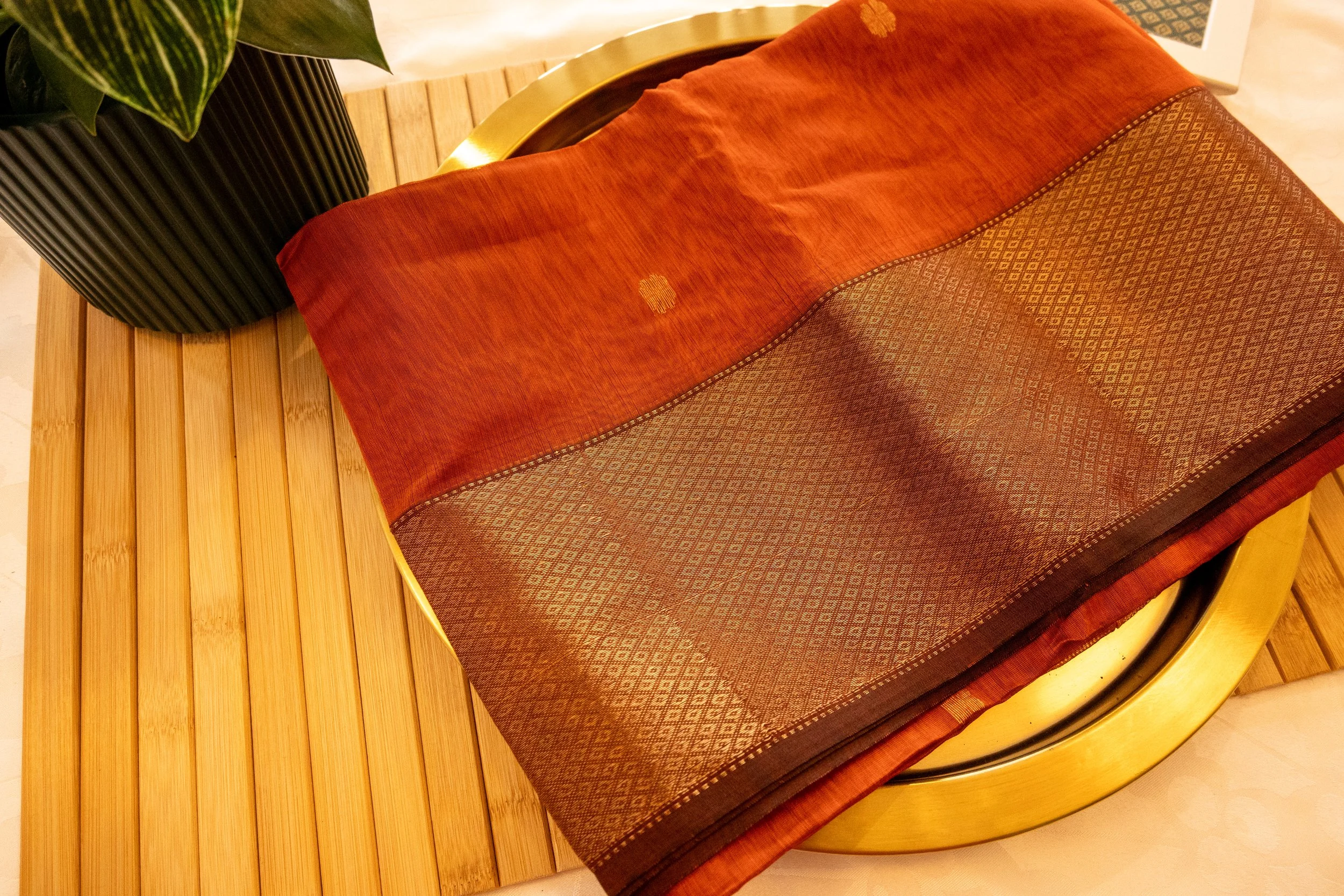 Autumn Orange in Maheshwari weave - Nadhi | The Saree Store