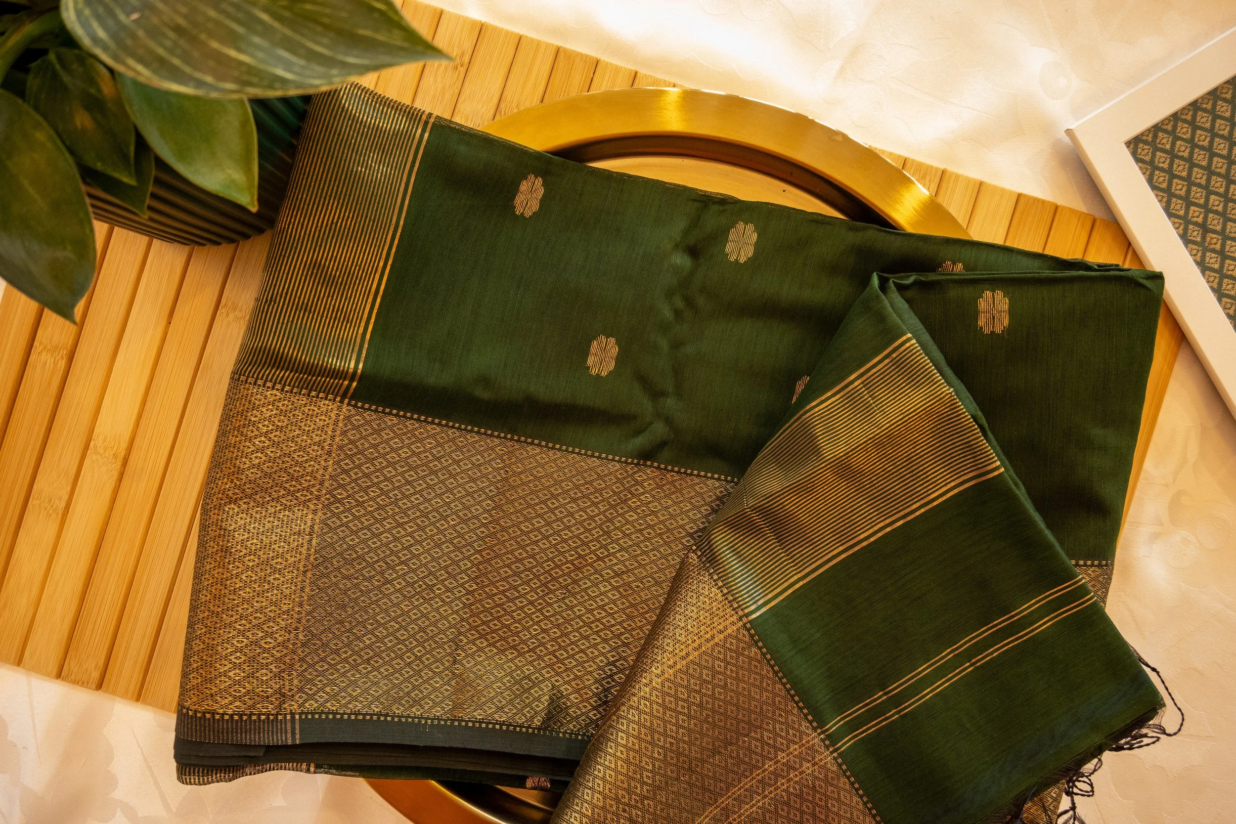Woodland Green in Maheshwari weave - Nadhi | The Saree Store