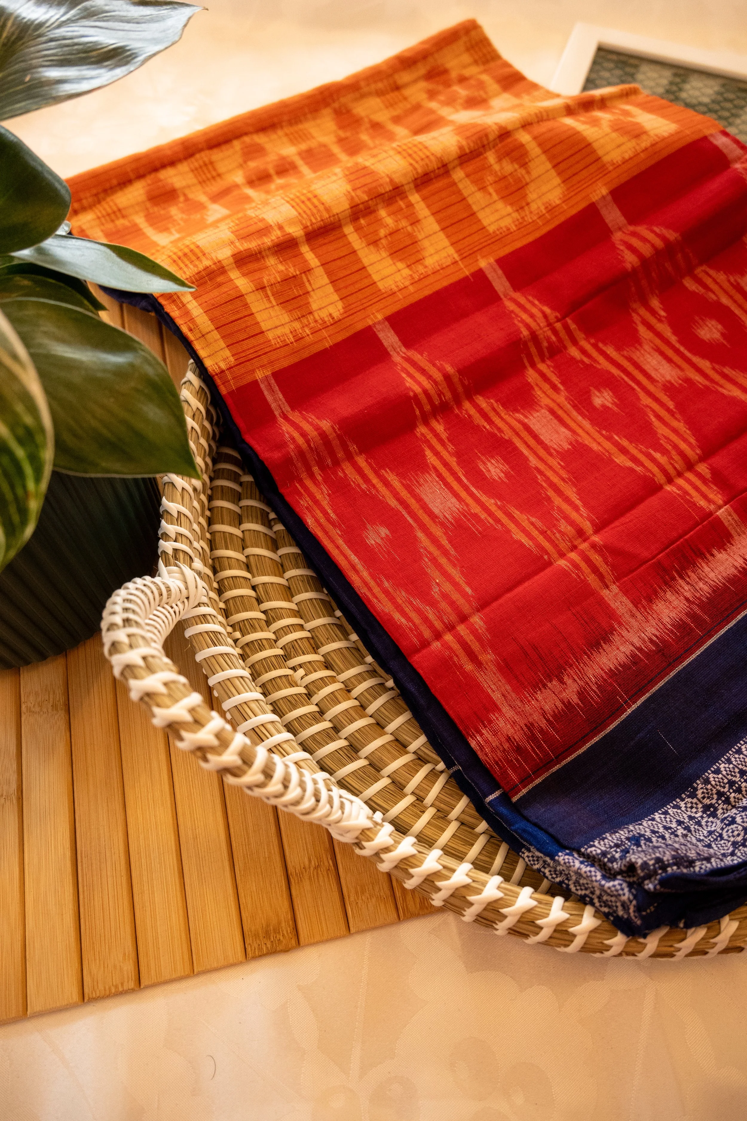 Spanish crimson with blue border Sambalpuri weave - Nadhi | The Saree Store