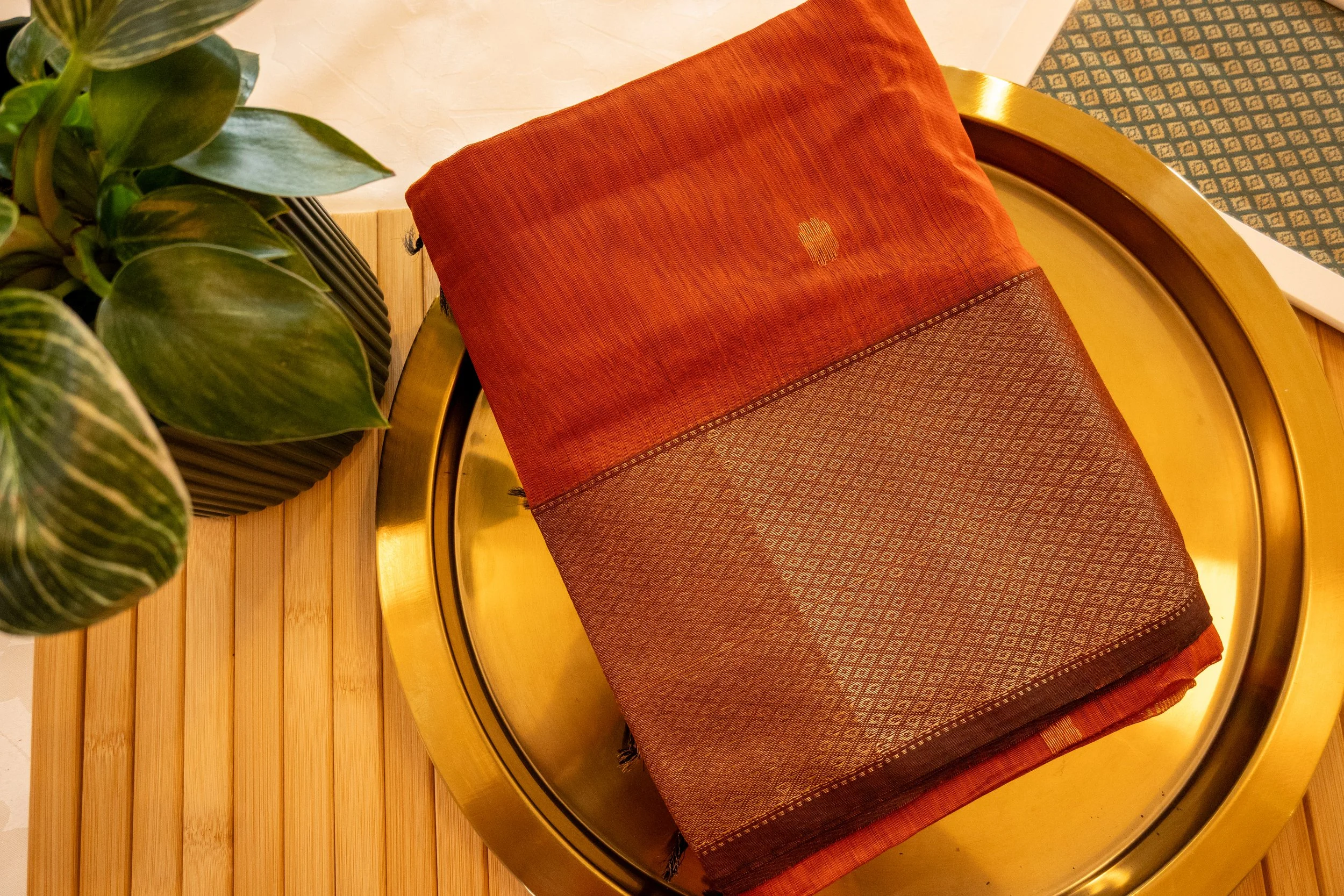 Autumn Orange in Maheshwari weave - Nadhi | The Saree Store