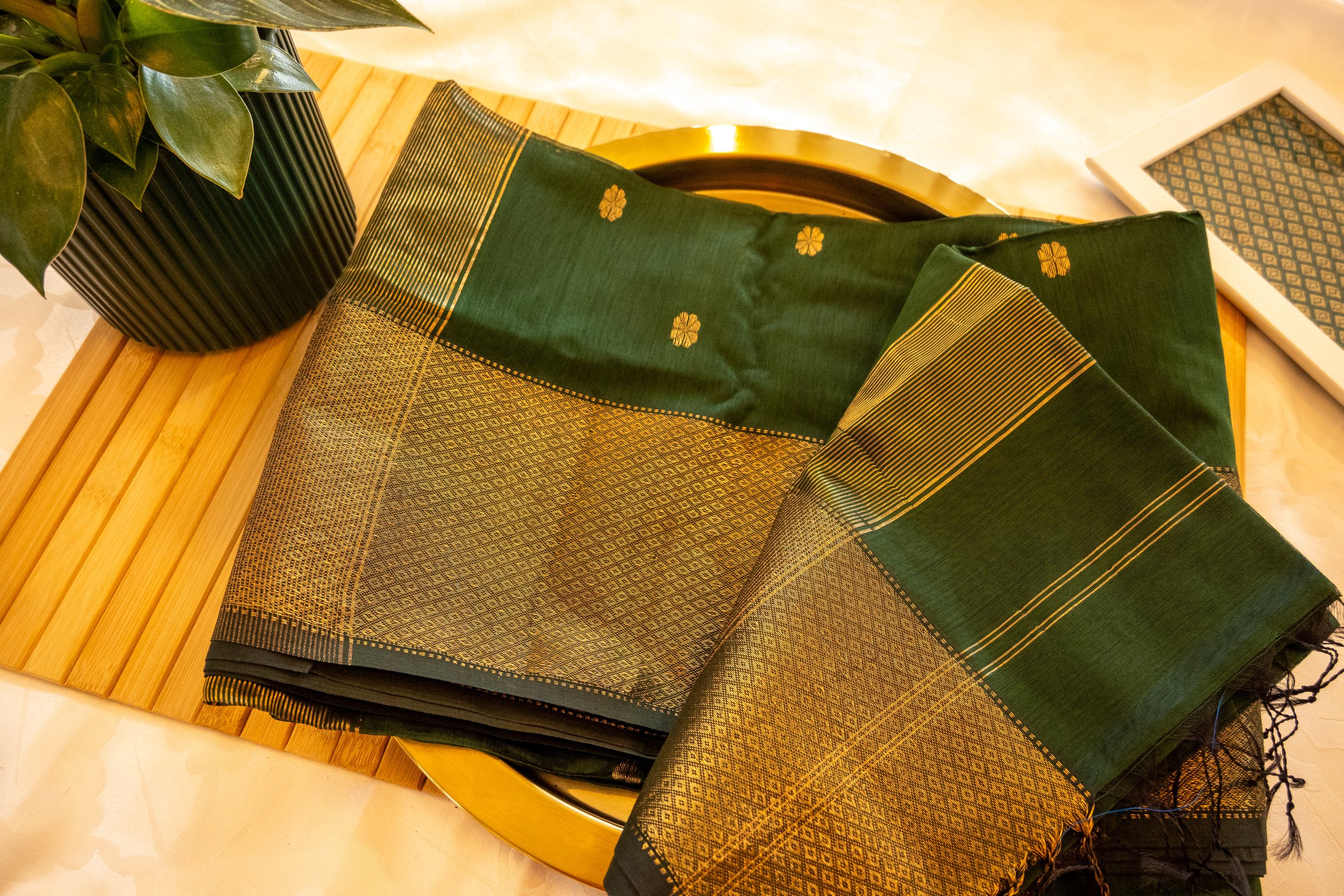 Woodland Green in Maheshwari weave - Nadhi | The Saree Store