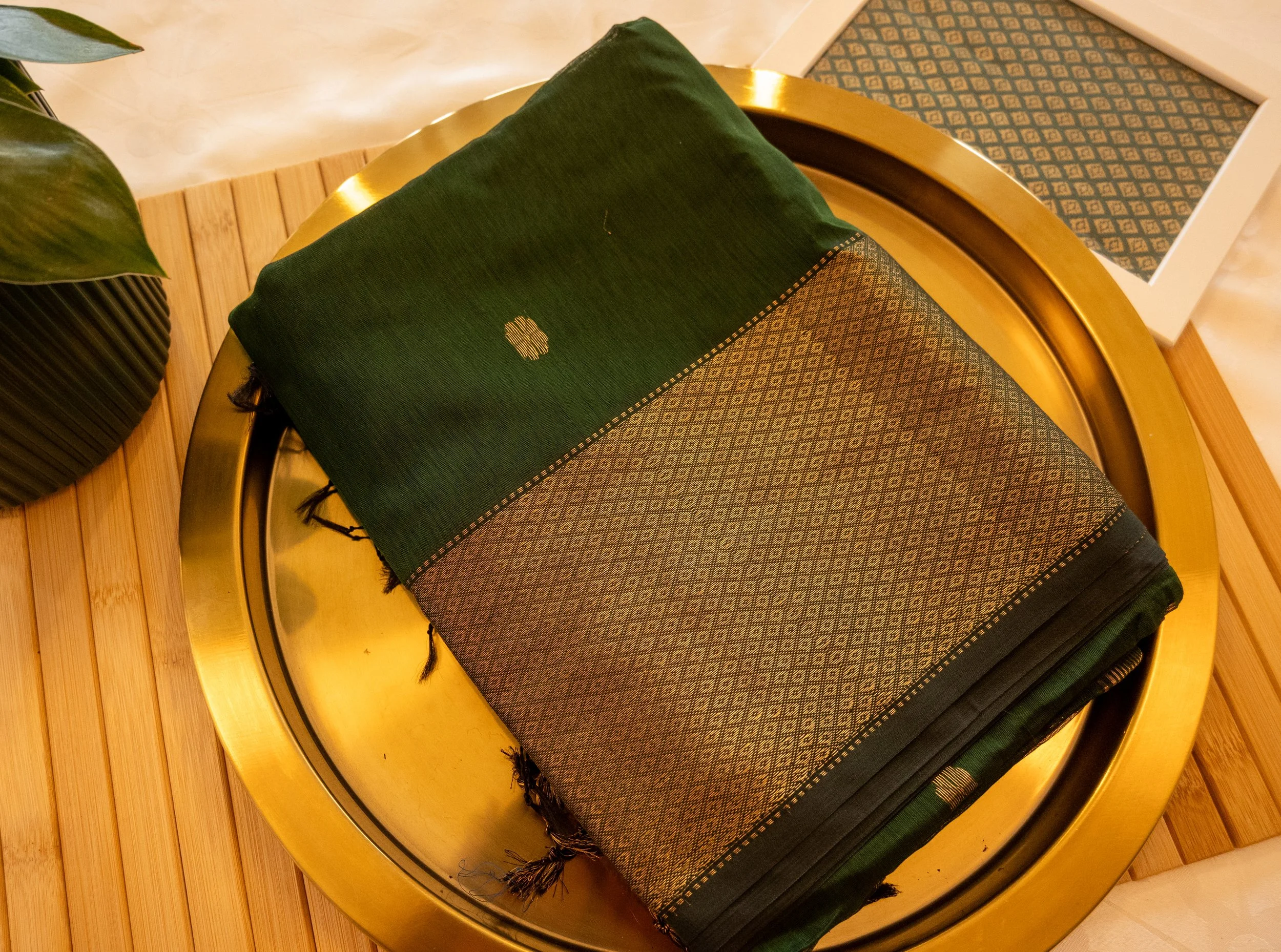 Woodland Green in Maheshwari weave - Nadhi | The Saree Store