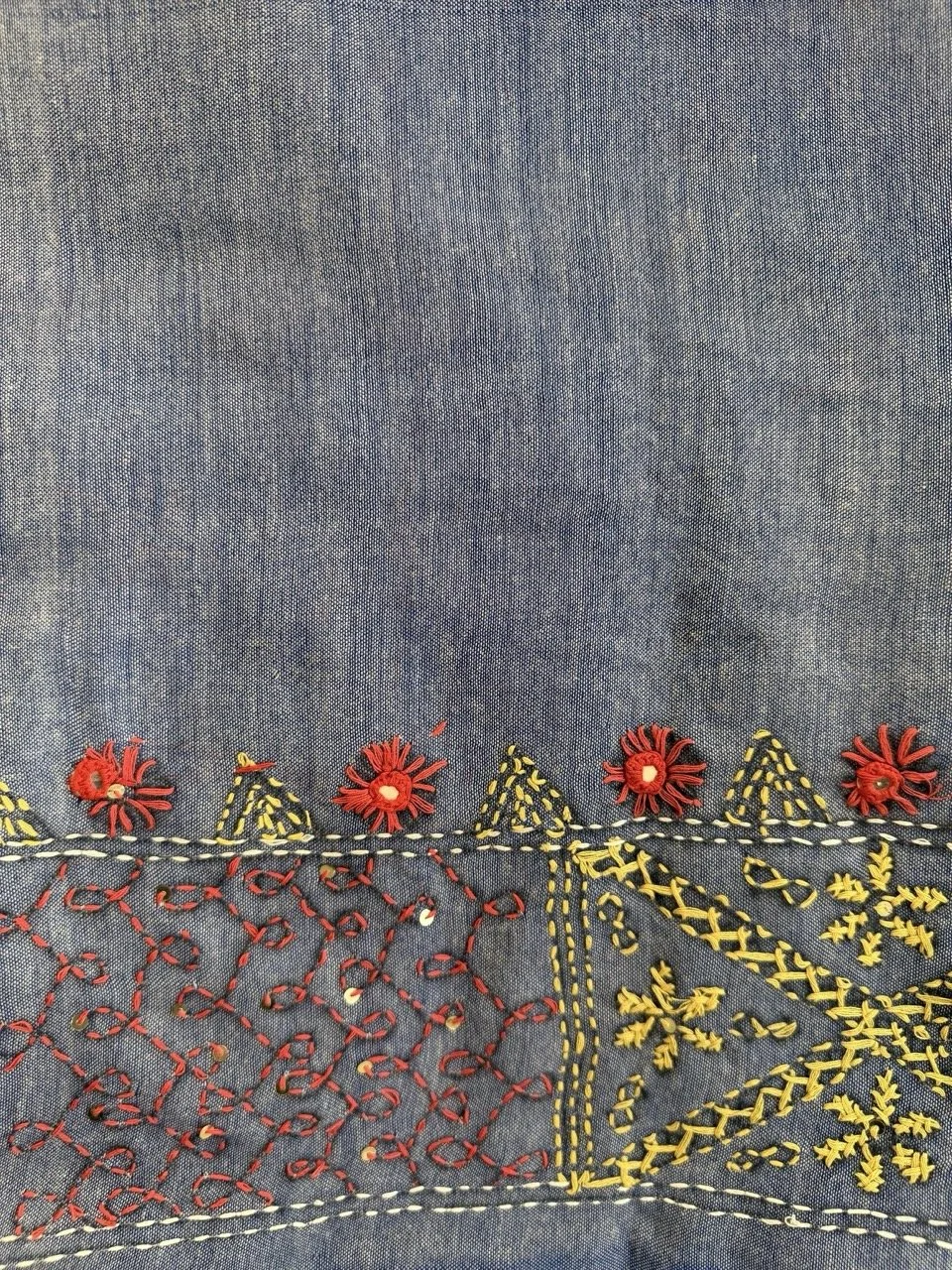 Indigo Blue Hand-Embroidered Kantha with Burnt Orange & Rust Accents
